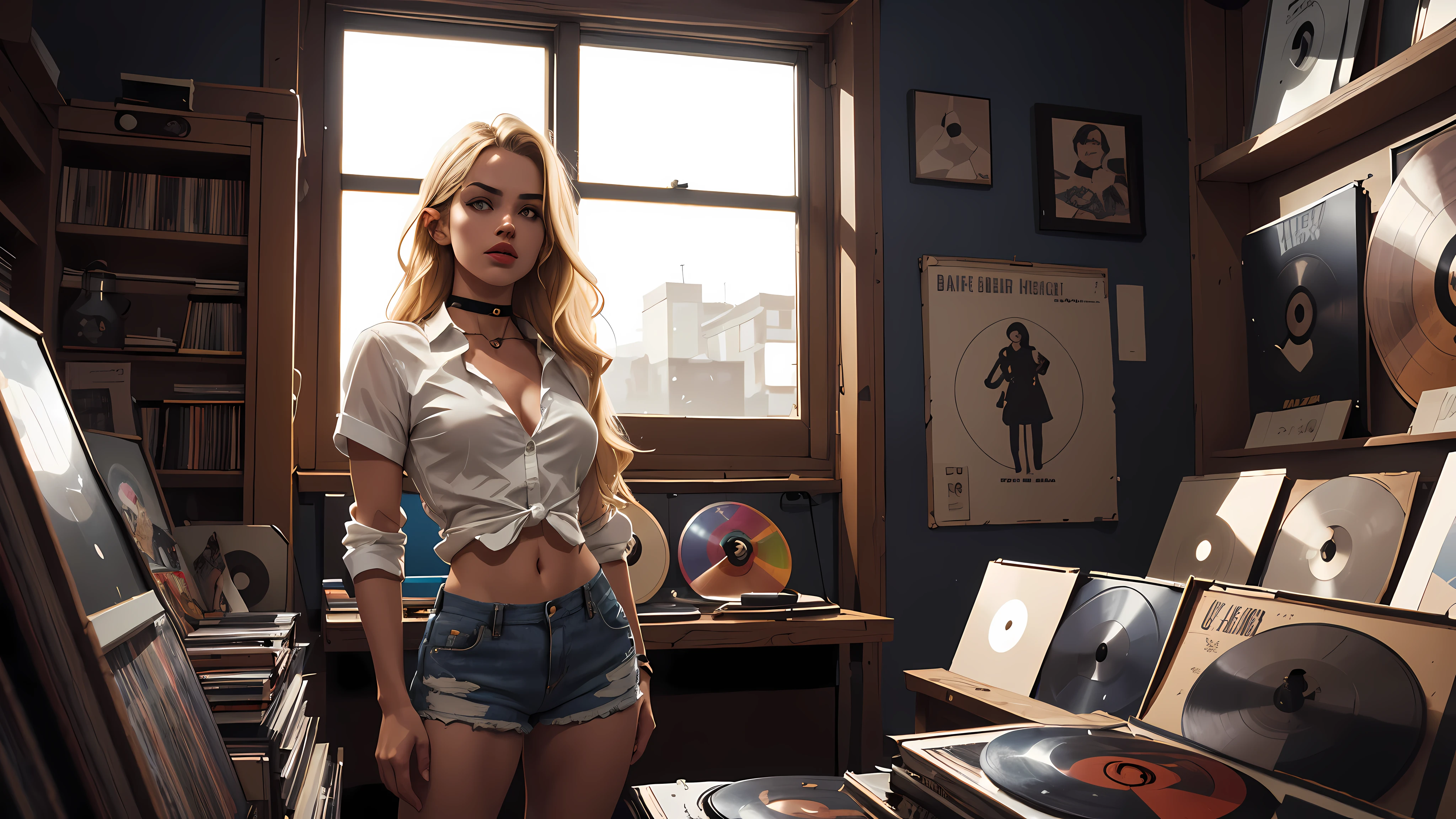 ((1girl)), 21 year old woman, long blonde hair, small breasts, thin hips, choker collar, unbuttoned white shirt, jean shorts, open door, open window, record store, records, vinyl, dramatic lighting, cinematic lighting, masterpiece, best quality