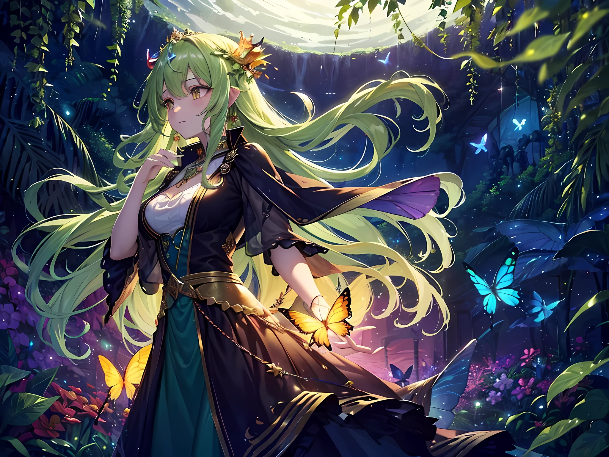 (fairy queen:naturalistic,detailed,long hair,big breasts:1.1,yellow eyes:1.1,greenish skin,noble expression,standing tall,royal attire,glowing crown,jungle background,magical aura,powerful magicks:1.1,commanding presence,lush vegetation,exotic flowers,colorful butterflies,vivid colors,ethereal beauty,supernatural being) ,oil painting,highres,ultra-detailed,photorealistic:1.37,soft lighting,harmonious color palette,                                                                                                                                                                                                                                                      
(Translated: [fairy queen] “naturalistic, detailed, long hair, [big breasts:1.1], [yellow eyes:1.1], greenish skin, noble expression, [standing tall], royal attire, glowing crown, jungle background, magical aura, [powerful magicks:1.1], commanding presence, lush vegetation, exotic flowers, colorful butterflies, vivid colors, ethereal beauty, supernatural being”, oil painting, highres, ultra-detailed, [photorealistic:1.37], soft lighting, harmonious color palette)