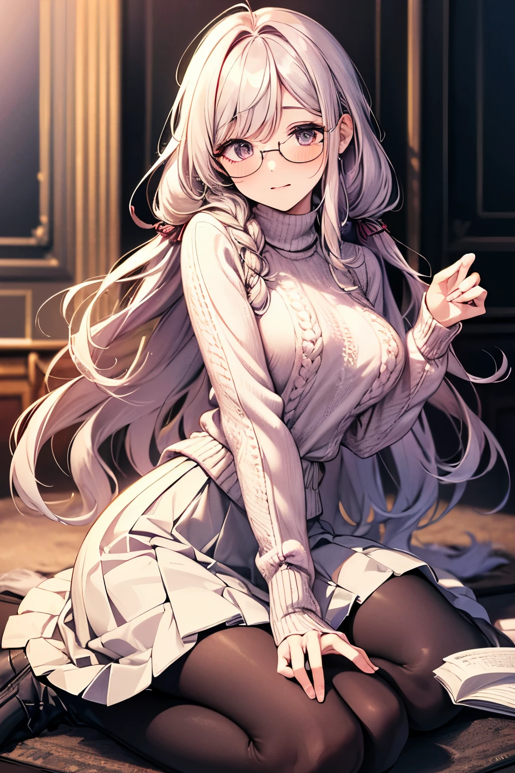 best quality, 32k, RAW photo, incredibly absurdres, extremely detailed, delicate texture, cute woman, glasses, braided bangs wavy hair, wearing fluffy long-pile knit sweater, fluffy skirt, skirt lift, pantyhose, fluffy long boots, amorous and lewd expression, superlative body proportion, shy person, shy gesture, background iridescent pastel color