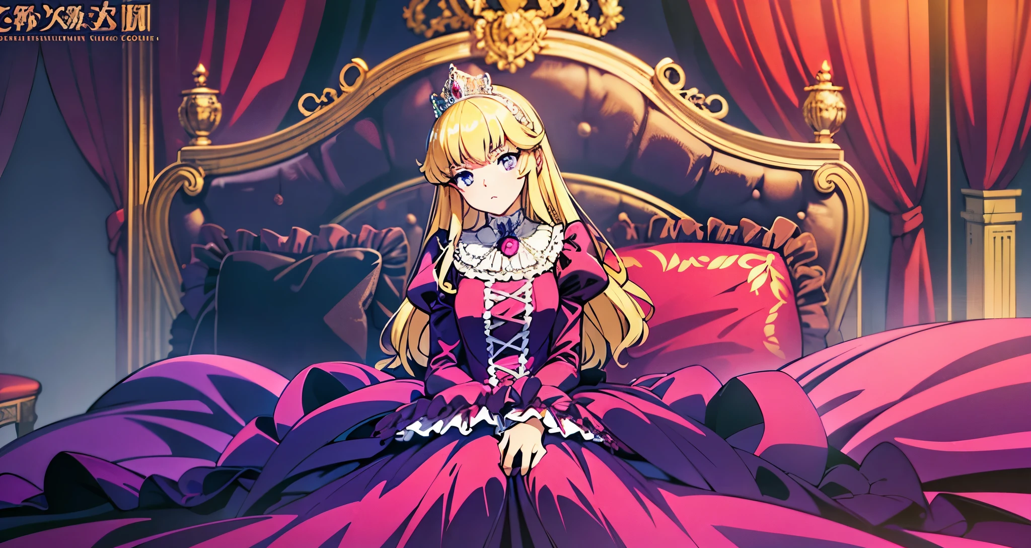 ,highest quality, masterpiece, highest resolution, artwork, super それにget used to it, many get used to it, get used to it, それにget used to it, 3K anime illustration,,(( When I was )),Super detailed baby face,She is a princess,Full length ball gown dress with hoop skirt,ruffle yoke collar,puff sleeves,long sleeve,((Lolita style pink detailed princess satin dress、Comes with lots of frills and ribbons。)),colorful rococo fashion,shiny satin dress,Soft and smooth fabric,luxury,long blonde hair,blue eyes,white skin european,pajamas,((inside the palace)),,,(( When I was 10 years old)),Sd baby face,Full length ball gown dress with hoop skirt,long skirt,ruffle yoke collar,puff sleeves,腰まで伸びるlong blonde hair,blue eyes,white skin european,pajamas,((inside the palace bedroom)),ピンクのシルクサテンのluxuryなcanopy bedの上,canopy bed,luxurious curtains under the canopy,many frilly pillows on the bed,super detailed background,detailed bed,silk satin bed sheets,soft silk satin comforter,Soft silk satin ruffled pillow in pastel colors,romantic atmosphere,little princess is sitting on the bed,Don't put your feet out to the side,Beautiful girl illustration,detailed beautiful face detailed hair,detailed human eye ,detailed mouth, arm details,fine hands,Detailed pillow,