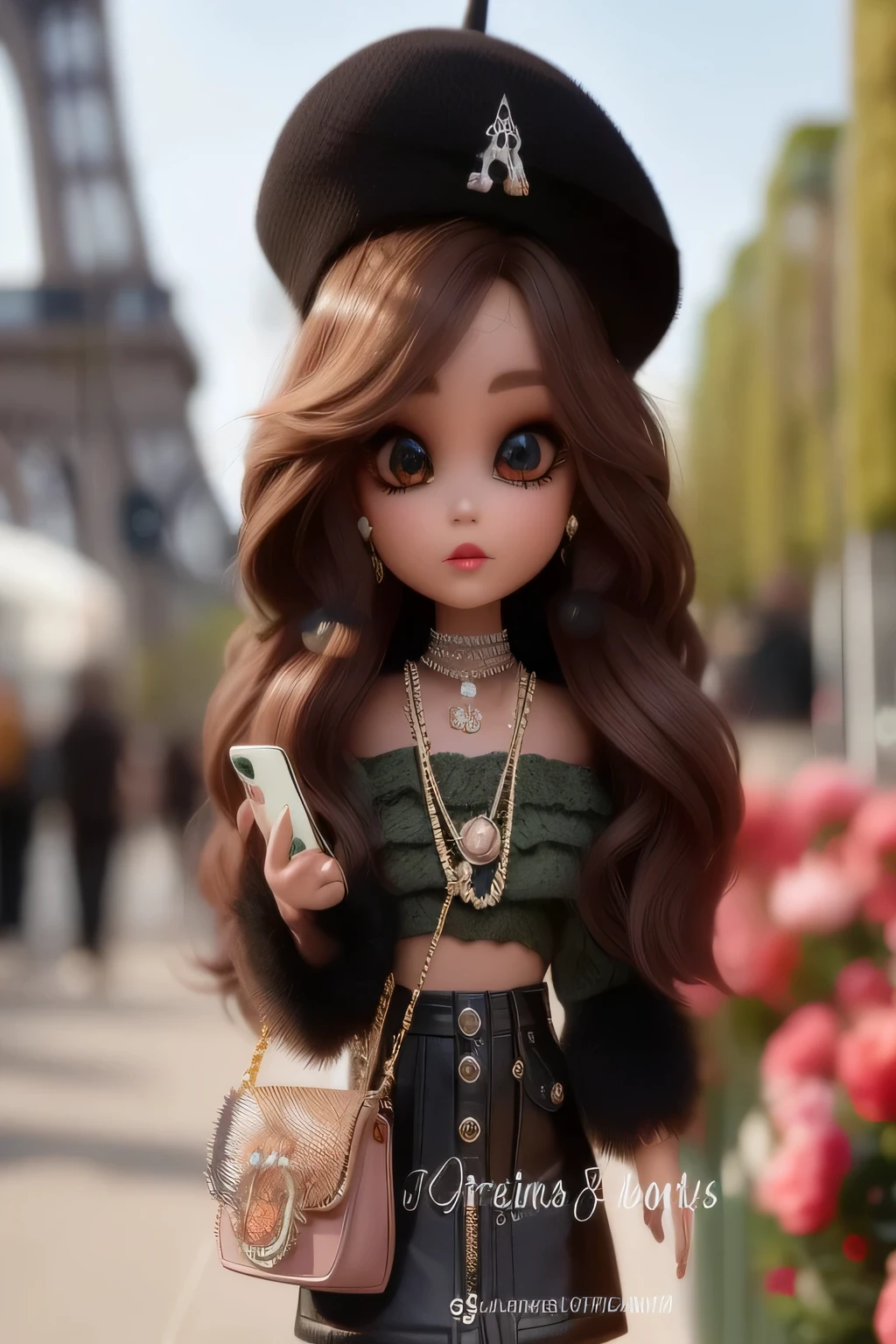 a closeup of a doll with a purse and a cell phone, jointed doll, usando una boina francesa, french girl, muy estetico!!!!!!, boina negra, in Paris, art doll, de moda, animated barbie doll, estilo anime, Paris Fashion Week, 8K)), Beautiful artistic style, LUTS, fashionista, bella delfina, estilo chibi