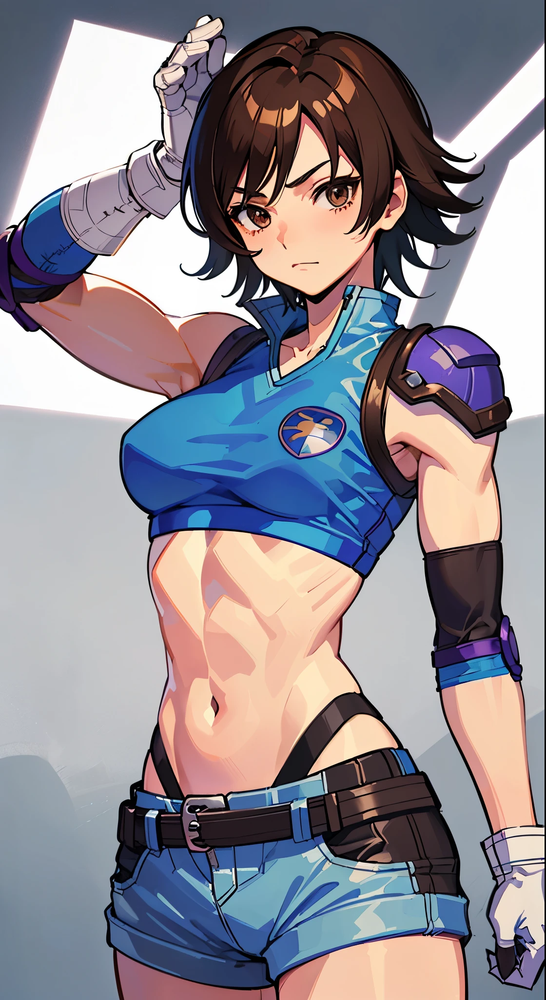 "(masterpiece、premium quality:1.2)、alone、1 girl(Asuka Kazama、muscular woman、short brown hair、white skin、brown eyes)、cowboy shot、Faint smile、combat readiness、tight clothes、good for sports、crop top、shorts、(gloves:1.1)、internal、elbow pad、abdomen、trained abdominal muscles、trained biceps