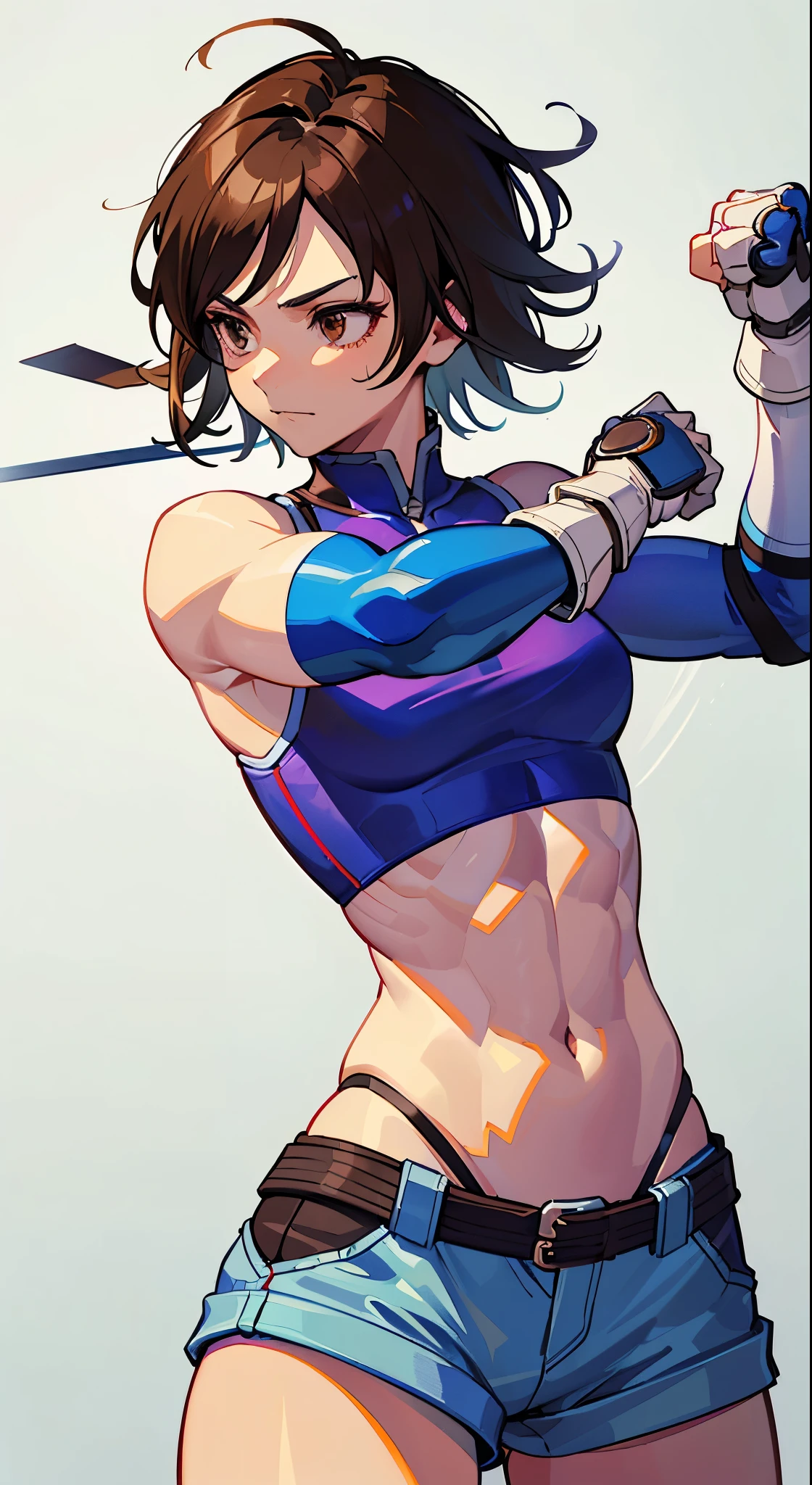 "(masterpiece、premium quality:1.2)、alone、1 girl(Asuka Kazama、muscular woman、short brown hair、white skin、brown eyes)、cowboy shot、Faint smile、combat readiness、tight clothes、good for sports、crop top、shorts、(gloves:1.1)、internal、elbow pad、abdomen、trained abdominal muscles、trained biceps