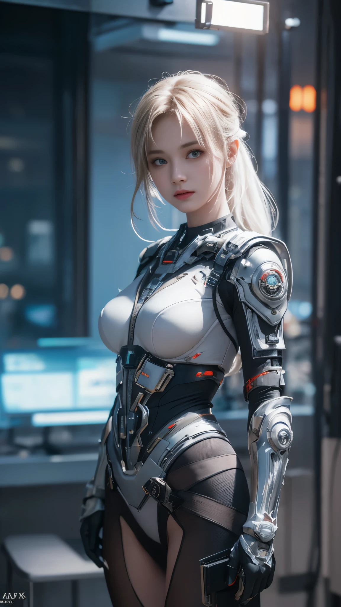 (SF Void Environment)、SF、Very detailed、Detailed suit、(masterpiece、highest quality:1.3)、(Super detailed:1.3)、(Very detailedなCGイラスト)、(Very delicate and beautiful)、From the side、Cinematic Light、(1 Machine Girl)、solo、whole body、( Long neck)、Breast(Machine-made jointechanical Limbs、Blood vessels connected to tubeechanical cervical spine attached to the neck)、Wires and cables attached to the neck and body、( Dark grey chest bodysuit 、Neon sign in the center　)、Identifying with the surrounding colors、RAW Photos、映画のmasterpiece、A magnificent and magnificent composition、(Movie Scenes)、Full Shot