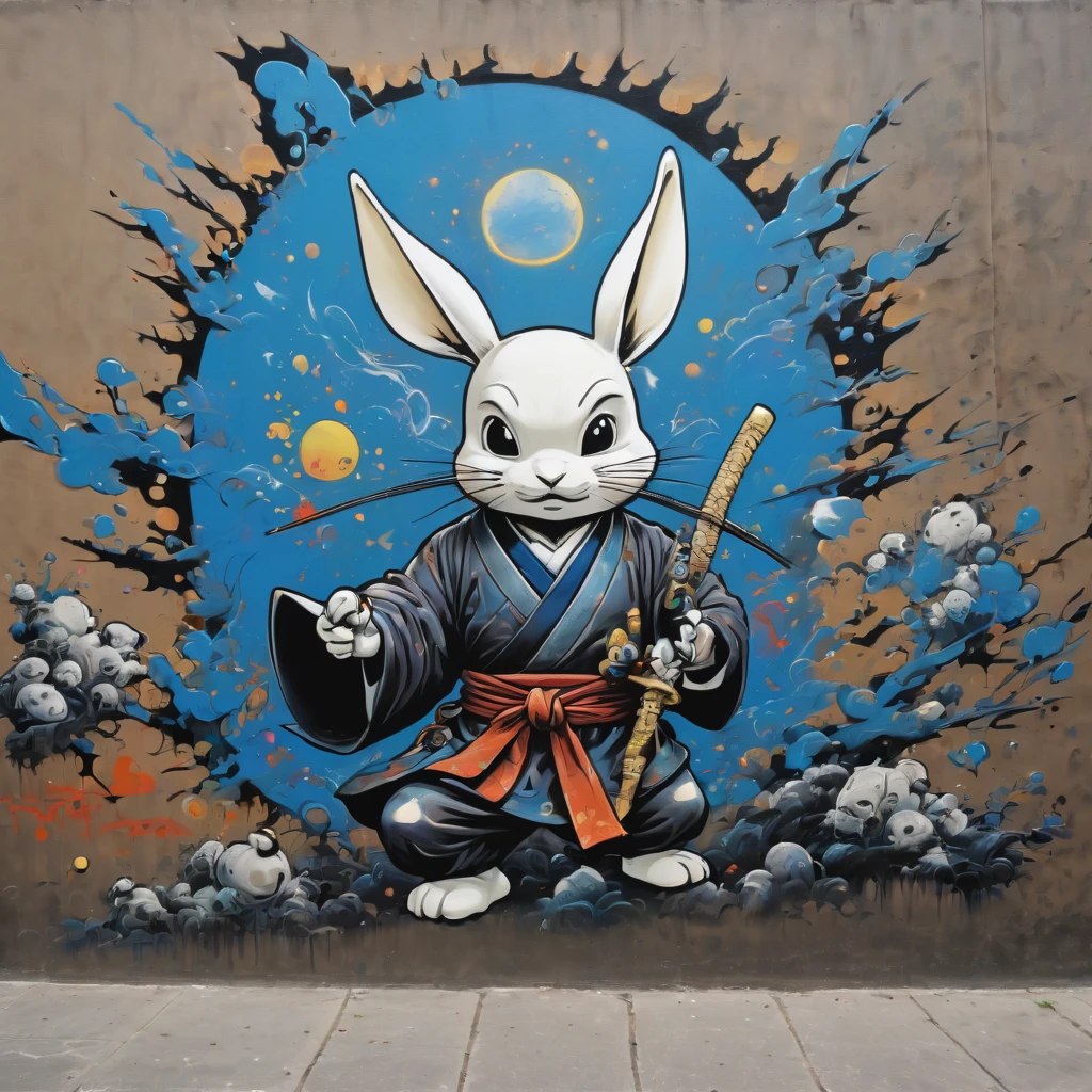 (masterpiece, best quality), magical Usagi Yojimbo Graffiti Comics on wall, ultra detail Graffiti background, wide shot, magical details, aerial view,