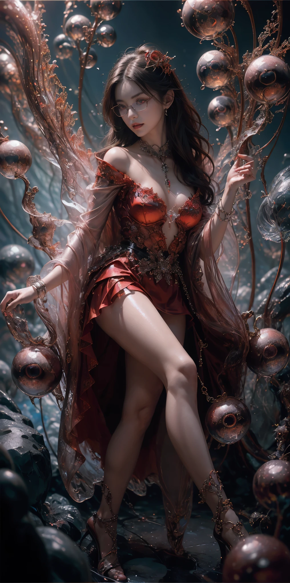 (The best illustrations)、realisitic、ultra-detailliert、The best lighting、Best Shadows、alluring succubus, ethereal beauty, perched on a cloud, (fantasy illustration:1.3), enchanting gaze, captivating pose, delicate wings, otherworldly charm, mystical sky, (Luis Royo:1.2), (Yoshitaka Amano:1.1), Dungeon and Dragon、caves、Dungeon、 A Necromancer、natta、Dark style、Succubus、Devil's Daughter、Bat Wings,(((Demon Hornlack-rimmed round glasses))))、(red eyes glowing:1.6)、beautiful countenance、Tindall Effect、(High Detail Skins:1.2) absurderes、Ponytail distortion、jewely、Beautiful expression、Toned waist、Wide buttocks、Tindall Effectmasuter piece、top-quality、Highest Standards、Top image quality、masutepiece、intricate detailes、High resolution、Depth Field、natural soft light、profetional lighting、Great smile、(High Detail Skin: 1.2)、photorealistic anime girl render、Strong highlights of the eyes、Perfect Anatomy、crotch open、Shy、Spreading your legs、Panties are visible、Skirt flipping、Body shiny with oilerectile nipple))、8K resolution、intricate clothing、Intricate details