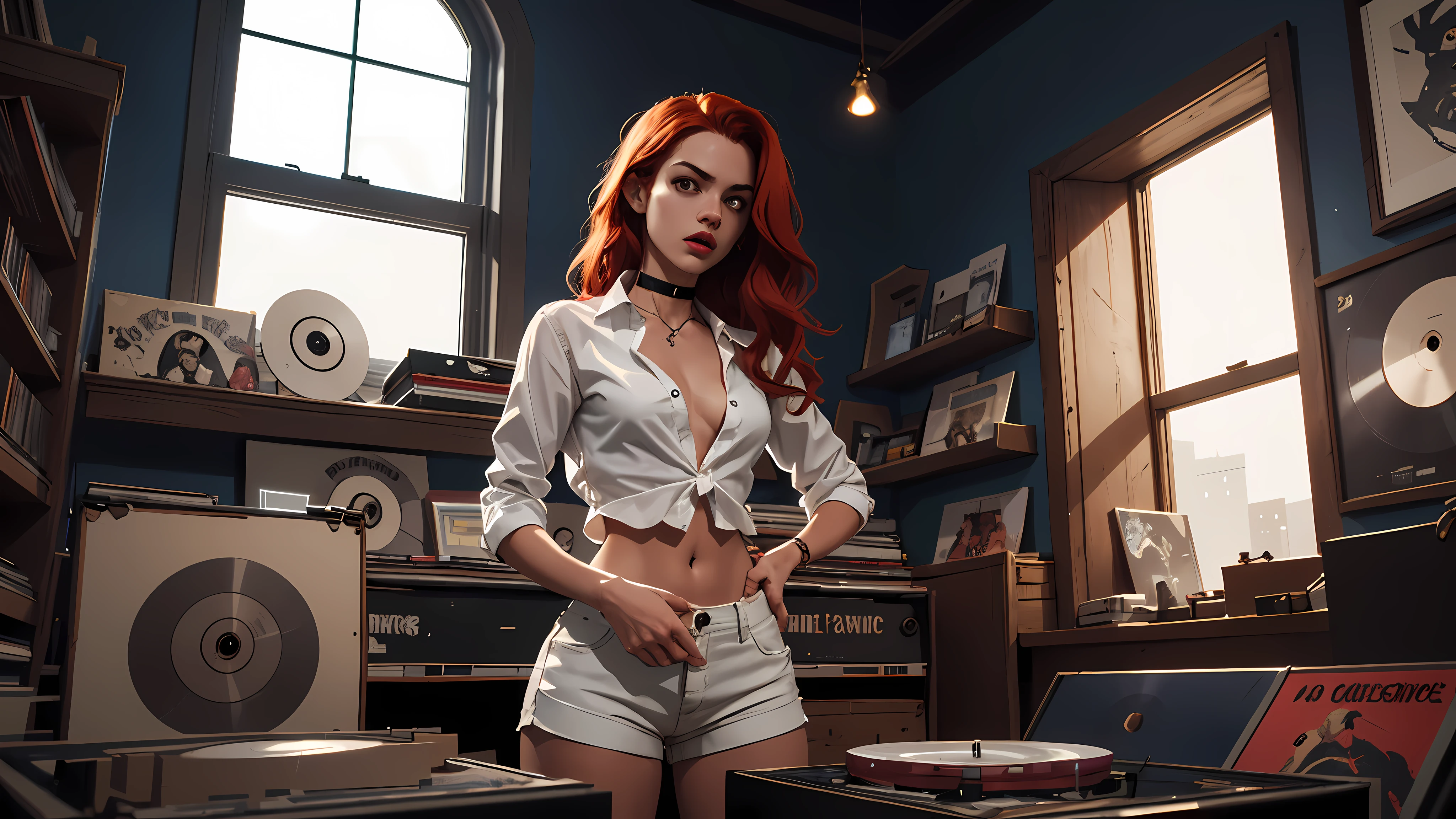 ((1girl)), 21 year old woman, long red hair, small breasts, thin hips, choker collar, unbuttoned white shirt, white shorts, open door, open window, record store, records, vinyl, dramatic lighting, cinematic lighting, masterpiece, best quality
