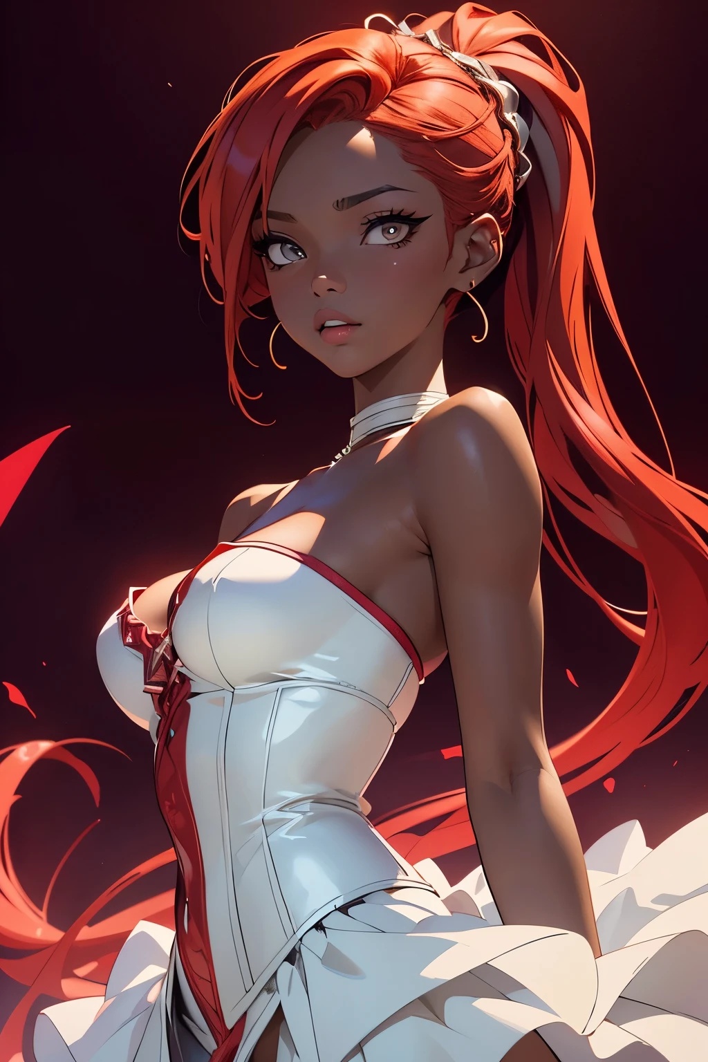 (masterpiece), best quality, beautiful woman, expressive eyes, perfect face,1 woman, a movie still of a super model, fashionable, seductive, detailed face, Fgrin, strapless, strapless_dress, high-waist skirt, ch1nac0rs3t, white corset, white dress, hair shader, [:wild dress design,:0.2], wedding_dress, official art, (african, dark skin:0.6), dramatic muted red lighting , in a festive cove, bombshell hair, neon ginger hair, spiked hair,Double Waterfall Braid, twisted torso, cgsociety, manga art, anime aesthetic, anime, soft light, strong linework, ((cel shaded style)), line art, simple background, modernism, natural style, neon, detailed iris, (first person point of view:1.3), anime