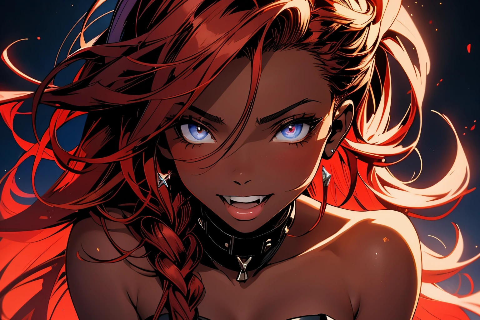 (masterpiece), best quality, beautiful woman, expressive eyes, perfect face,1 woman, a movie still of a super model, fashionable, seductive, detailed face, grin, strapless, strapless_dress, high-waist skirt, ch1nac0rs3t, white corset, white dress, hair shader, [:wild dress design,:0.2], wedding_dress, official art, (african, dark skin:0.6), dramatic muted red lighting , in a festive cove, bombshell hair, neon ginger hair, spiked hair,Double Waterfall Braid, twisted torso, cgsociety, manga art, anime aesthetic, anime, soft light, strong linework, ((cel shaded style)), line art, simple background, modernism, natural style, neon, detailed iris, (first person point of view:1.3), anime