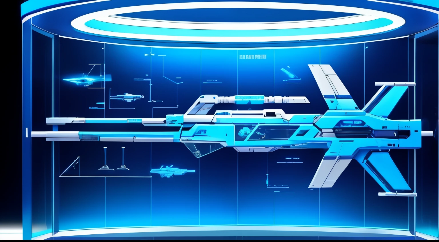 Translucent Sci-Fi Weapon Blueprint，Brilla en azul，Has a lot of sci-fi weapon design content.，You can vaguely see the environment behind the shot.，Close-up of high-tech weapons in display case on blue background, esquemas de planos, The art of weapon design., industrial design plan, 