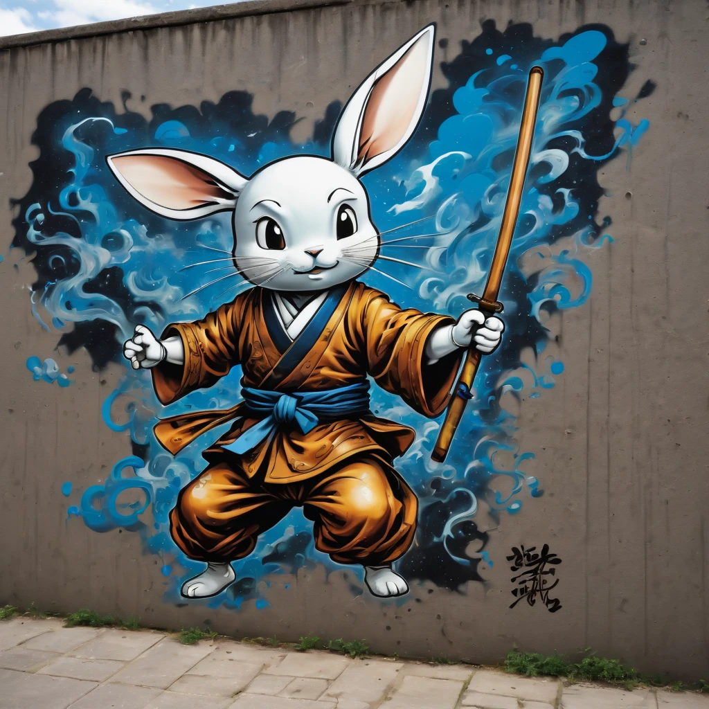 (masterpiece, best quality), magical Usagi Yojimbo Graffiti Comics on wall, ultra detail Graffiti background, wide shot, magical details, aerial view,