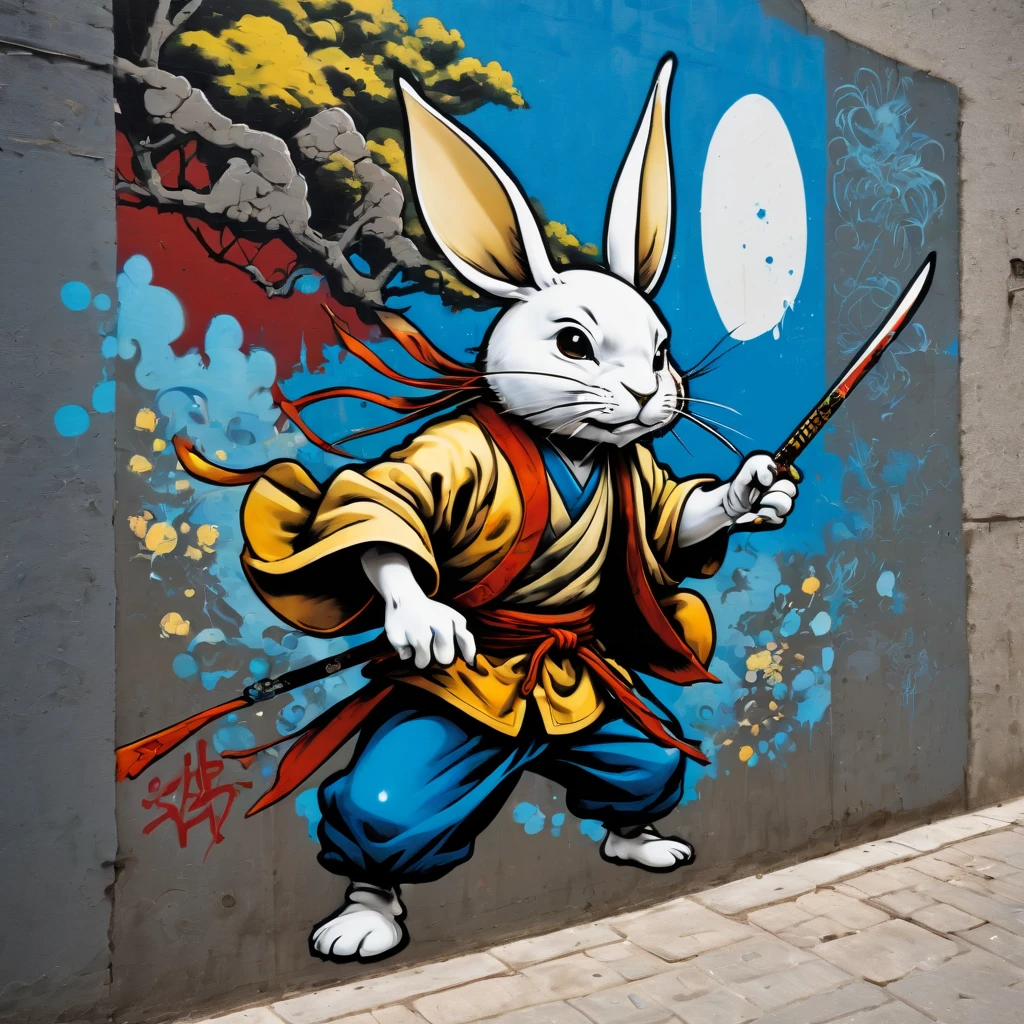 (masterpiece, best quality), magical Usagi Yojimbo Graffiti Comics on wall, ultra detail Graffiti background, wide shot, magical details, aerial view,