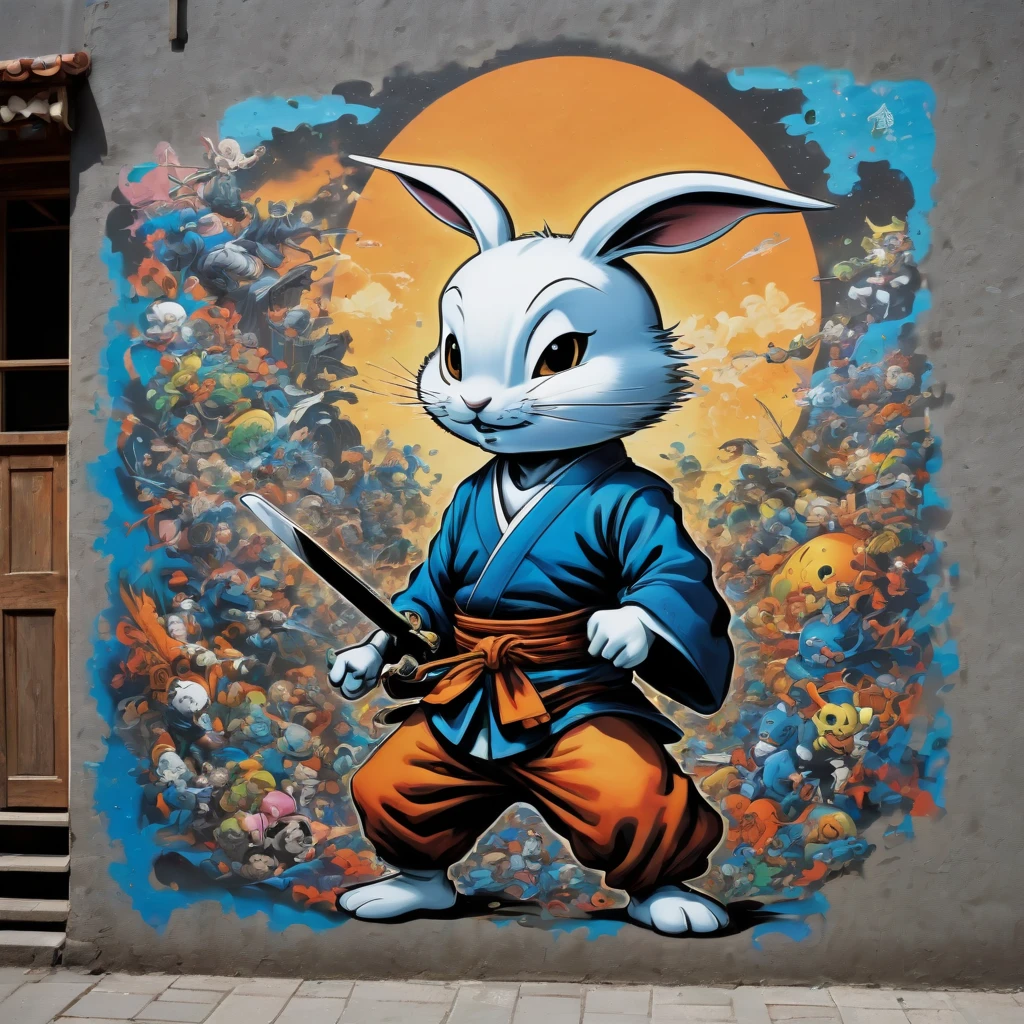 (masterpiece, best quality), magical Usagi Yojimbo Graffiti Comics on wall, ultra detail Graffiti background, wide shot, magical details, aerial view,