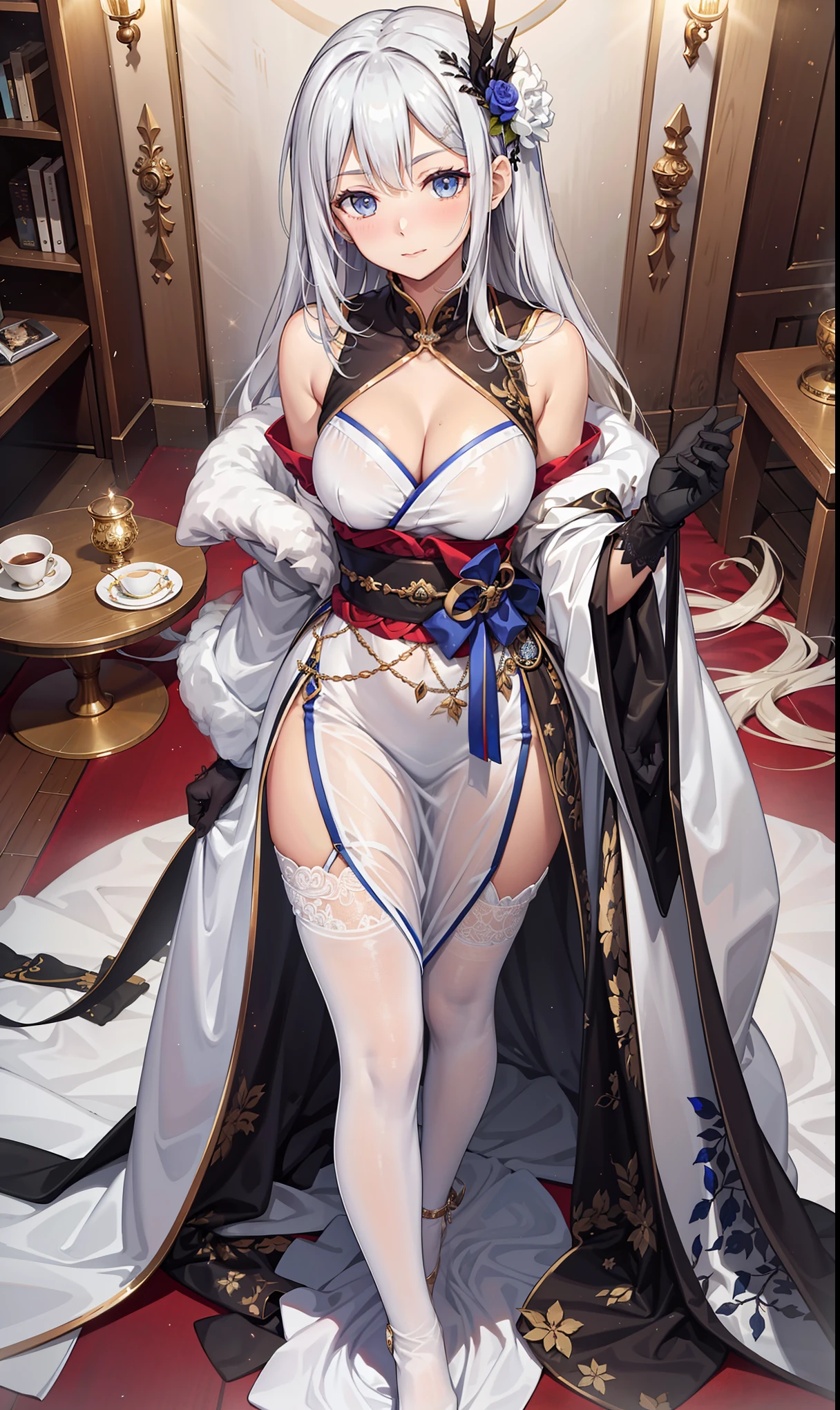 queen mother,Elegant and charming,hapiness,gentle expression,in love,(Transparent colorful Hanfu,Sophisticated and gorgeous design),black gloves,silver hair,blue eyes,see through transparent clothes,Exquisite hair accessories,Transparent lace,Engraving pattern,dress nicely,The background is an old Chinese palace,Inside the hall,elegant posture,night,(long garters:1.1),Super super details