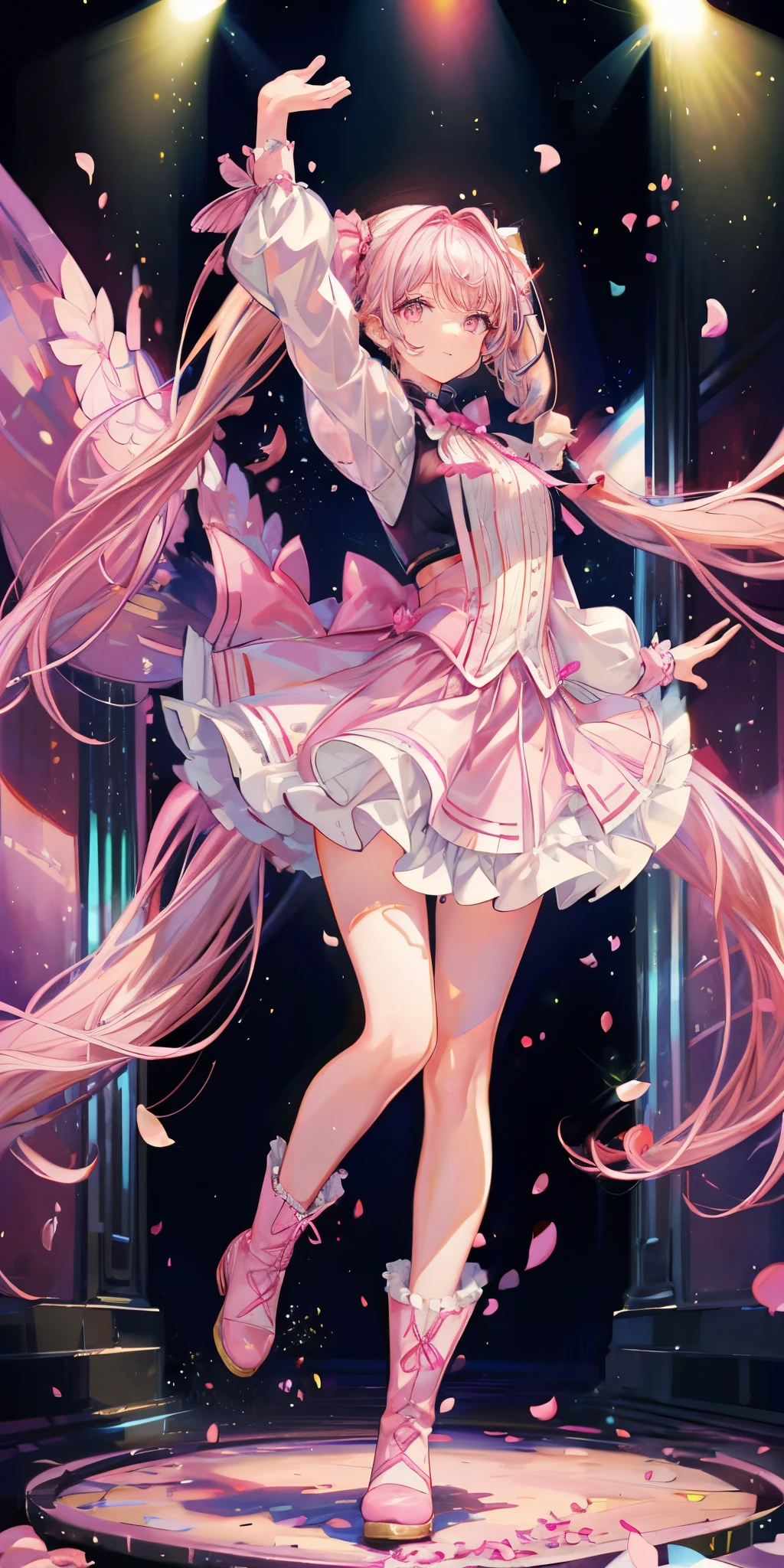 (muste piece), (best quality), very detailed, ((1 girl)), solo full body shot，Viewer&#39;s perspective，dancing，(smile)，wink，perfect face, beautiful face, very detailedな顔，((pink hair_curly twintail long hair_pink eyes:1.3))，Gorgeous idol costumes，ruffle skirt，solo idol，ribbon hair ornament，ribbon boots，knee high socks，concert dome，live，have a microphone，singing，smiling with mouth wide open，Laser Light，Spotlight，Lots of confetti、A large amount of petals dance