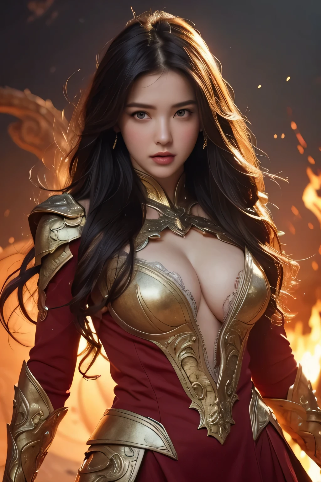 {{master piece}}, pinnacle rendering, realistic rendering, dark red rendering, metal rendering, {{color ink painting}}}, {{splash ink}}}, {{color}}, {{color}}, gorgeous rendering, best quality, illustration, flame, smoke, doomsday world, splash ink fire sea doomsday, full body, 1 girl, facial mix of phoebe cates, large breast, deep cleavage, exquisite facial details, delicate facial features, real face, beautiful details eyes, deep pupils, broken city details, beautiful details long hair, wavy hair, broken detail street, transparent mechanical core, cyborg girl, detail, cool, tight grooming, lace finishing, linear light costume retouching, light rendering, reflection, highlight, holy light, confidence, charm, battle stance detail close-up, fire day, {filigree}, colored background, a dragon stands behind the girl, sea of fire, {tornado special effects}, beautiful details red dragon armor, (cold face, confident) great depth, depth of field, 360° panoramic picture, fierce and magnificent battle scenes, broken mirrors, fingers all hidden and not displayed, small mouth closed
