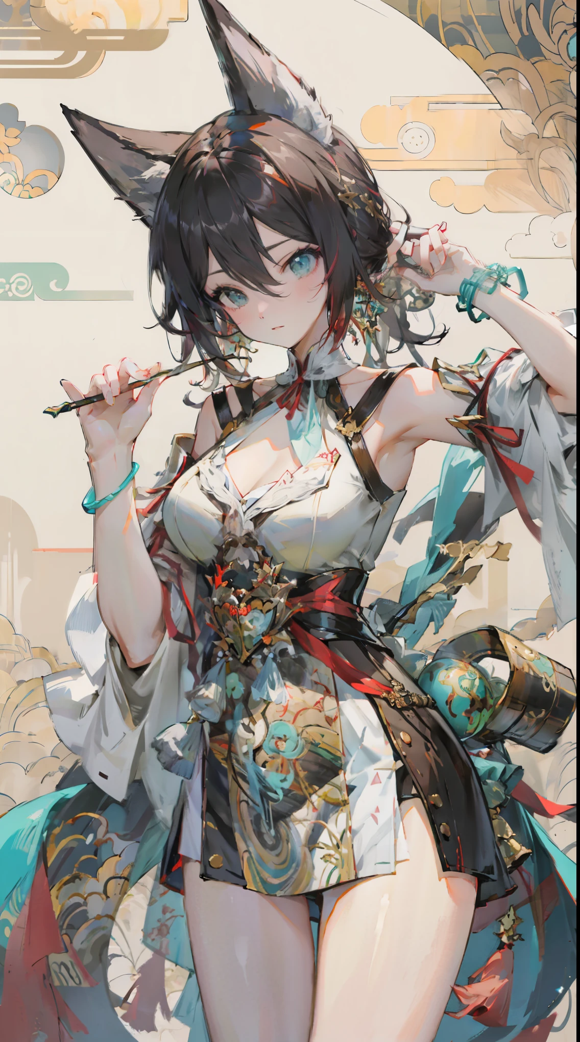 masterpiece, 1girl, tingyun, creepy smile, close-up, (monochrome:0.8), dead eyes, holding up a bell, pattern background, dark cyan tint, character in lower half of image, golden spiral type composition