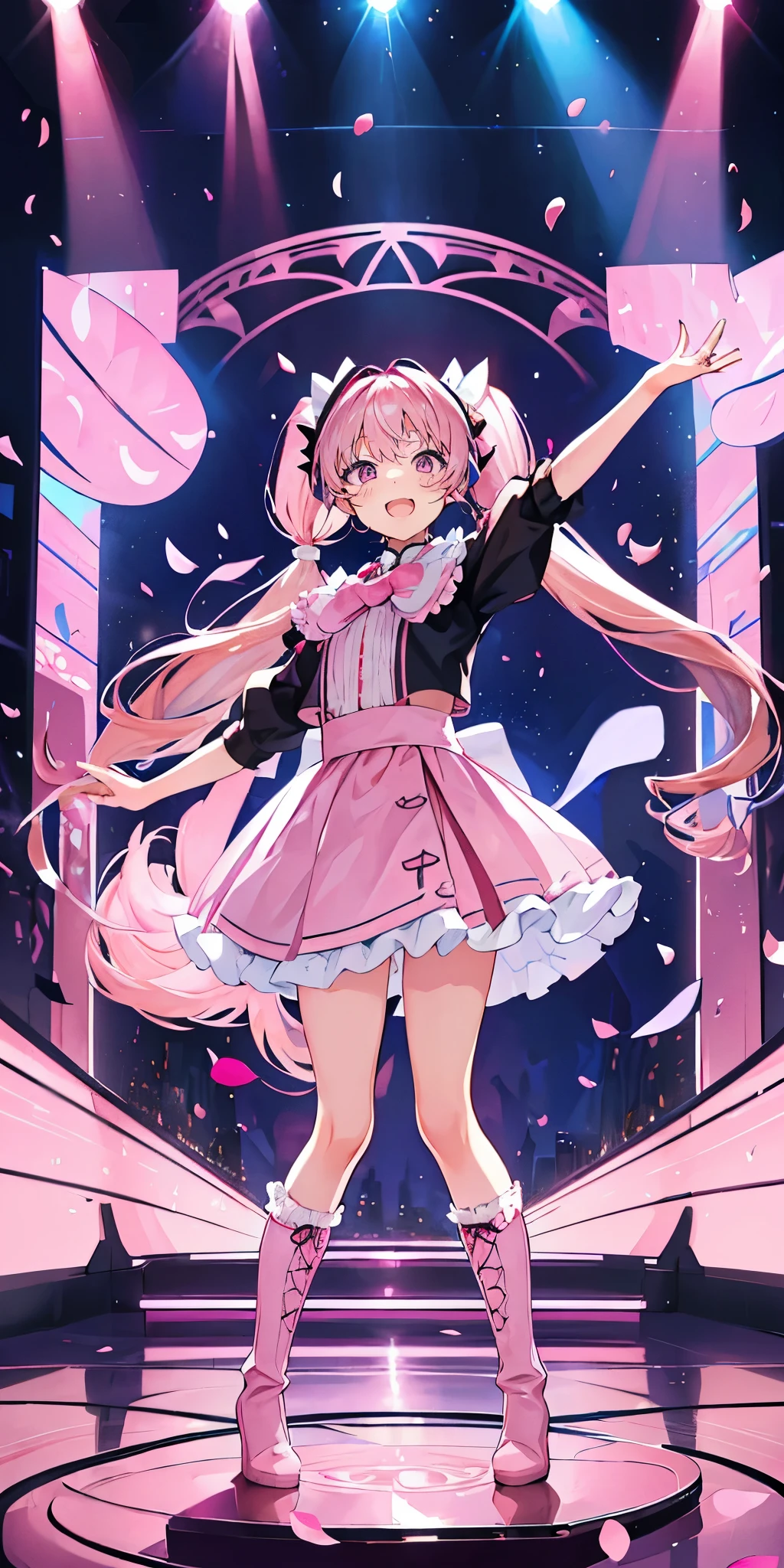 (muste piece), (best quality), very detailed, ((1 girl)), solo full body shot，Viewer&#39;s perspective，dancing，(smile)，wink，perfect face, beautiful face, very detailedな顔，((pink hair_curly twintail long hair_pink eyes:1.3))，Gorgeous idol costumes，ruffle skirt，solo idol，ribbon hair ornament，ribbon boots，knee high socks，concert dome，live，have a microphone，singing，smiling with mouth wide open，Laser Light，Spotlight，Lots of confetti、A large amount of petals dance