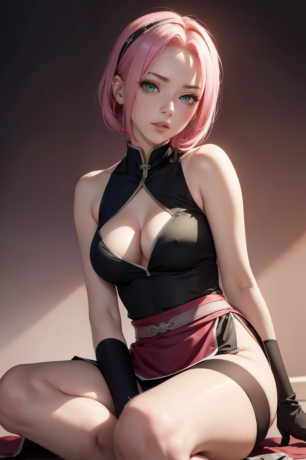(masterpiece, best quality, cinematic, photorealistic, ultra-detailed), (1girl, Sakura Haruno), (medium shot, from below:1.5), (wears a sleeveless red qipao dress that reaches her upper thighs, with white trimmings and a white circular design on the back, tied with a black obi), (wears black shorts underneath the dress, black gloves, and pink elbow and knee protectors), (ninja sandals), (pink hair, medium hair), perfect hands, perfect face, (firm small breasts), (seductive pose), (green eyes, soft and shimmery eyeshadows, detailed pupils, defined eyelashes), (blushing, slightly parted lips, fluffy lips, red lips), (gradient background), (looking at the viewer, chin up), (standing, sensual pose), burning hot chic, (sitting crossed legs)