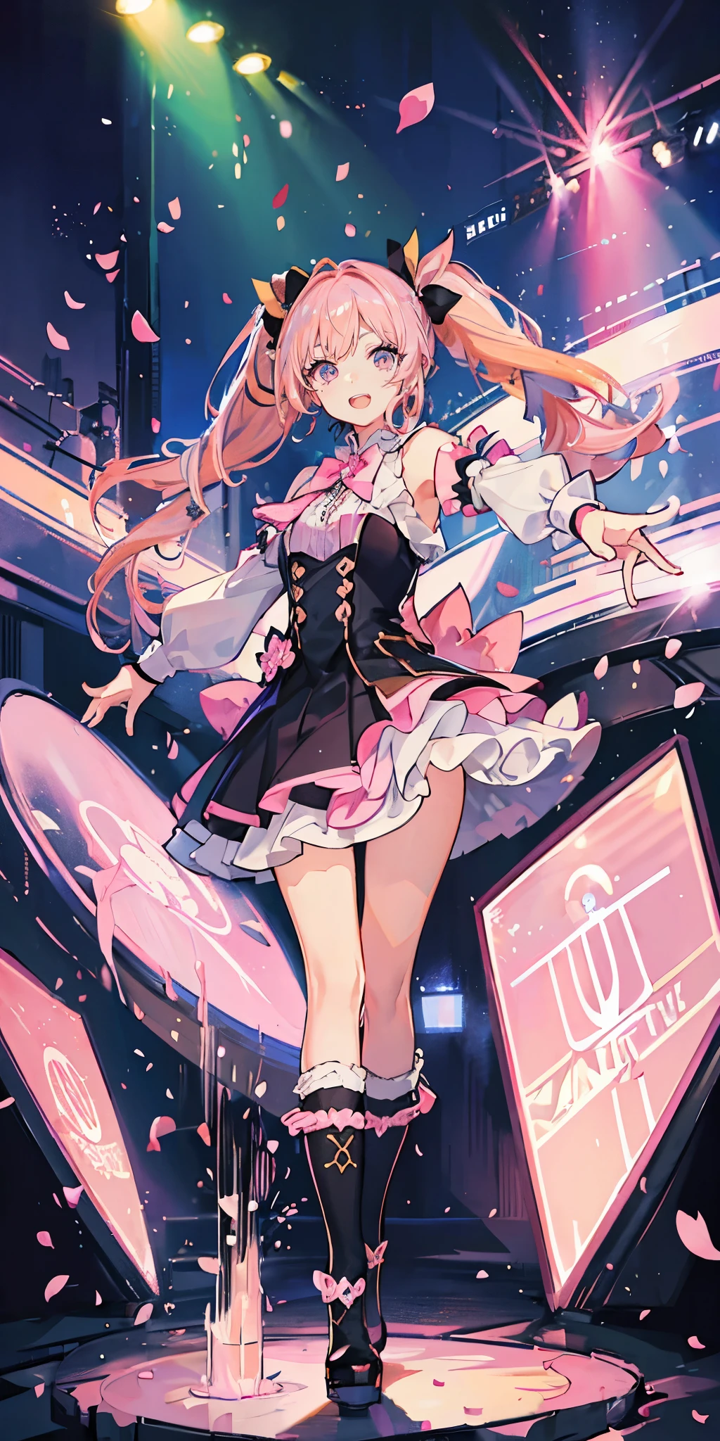 (muste piece), (best quality), very detailed, ((1 girl)), solo full body shot，Viewer&#39;s perspective，dancing，(smile)，wink，perfect face, beautiful face, very detailedな顔，((pink hair_curly twintail long hair_pink eyes:1.3))，Gorgeous idol costumes，ruffle skirt，solo idol，ribbon hair ornament，ribbon boots，knee high socks，concert dome，live，have a microphone，singing，smiling with mouth wide open，Laser Light，Spotlight，Lots of confetti、A large amount of petals dance