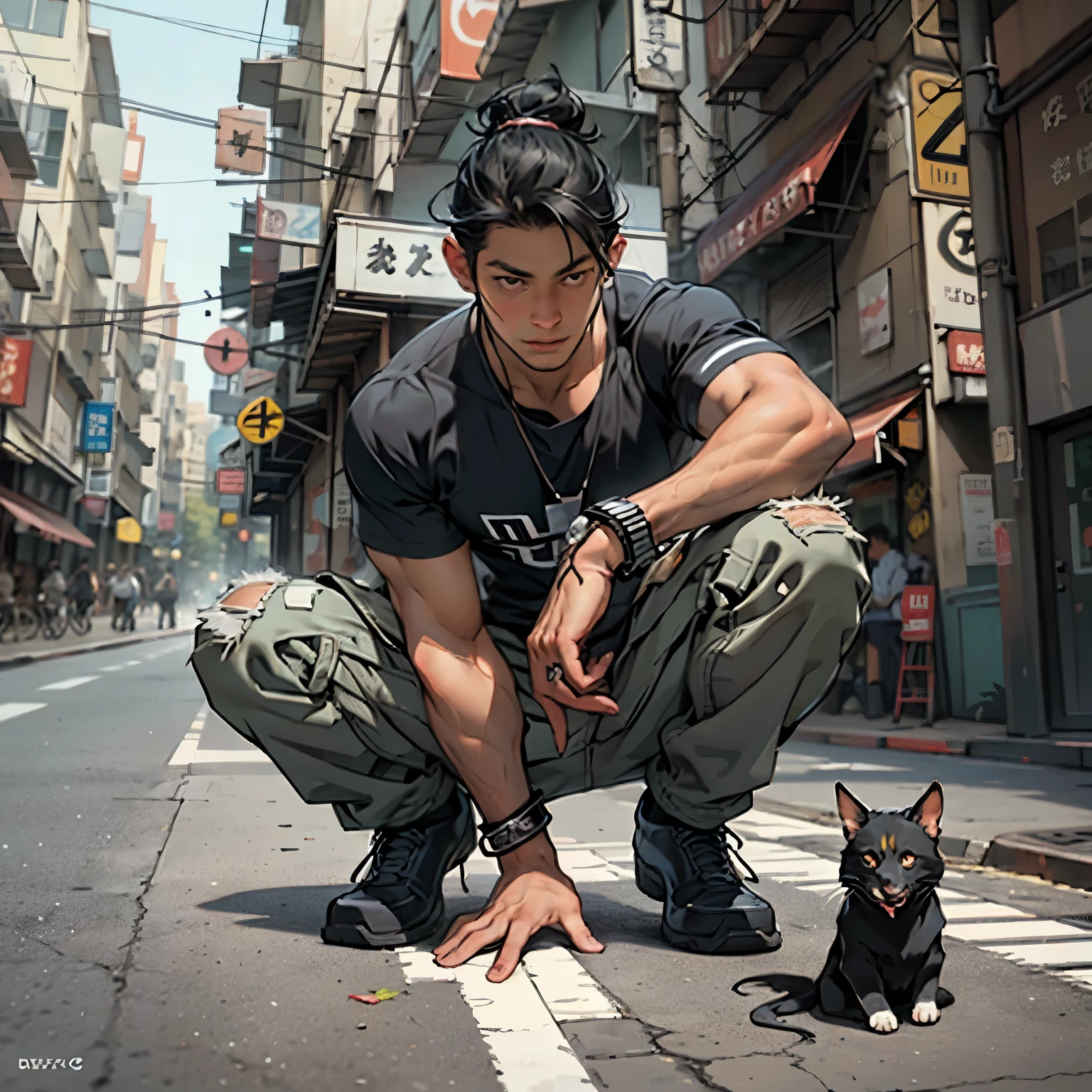 City street-metropolis. 1 young man crouched, modern, . masterpiece, Best quality (surrealism: 1.3), Excellent, quality, (masterpiece: 1.2), (realism: 1.2), (Best quality), (skin detail: 1.3), sunny day, 1 young man. Long black hair, young, modern clothes, sat down next to him. (Regular T-shirt, slender, strong body, sinewy arms, broad shoulders, tight trousers, arms decorated with belts, bracelets). ((expressive eyes)), brown eyes, black hair. Modern Clothing (surrealism: 1.3), Excellent, high-quality, Modern Clothing. Hand-drawn realism.
