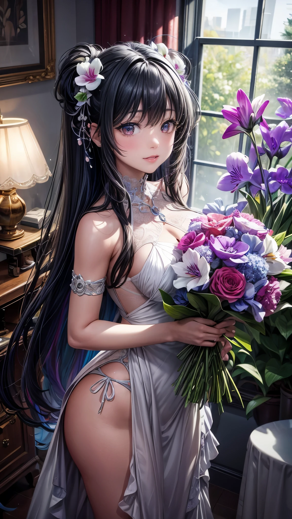 ((Best quality)), ((masterpiece)), (detailed:1.3), 3D ,HDR (High Dynamic Range), beautiful rainbow gradient bioluminescent soft light,radiosity, slight smile, Turquoise hair, Amethyst Purple eyes, carnations and tulips and orchids an anemones and lilies and roses in the background, Vivid contrast, hight resolution, fantasy art, Dramatic shadows, 8k overly positive and idealized perspective, pleasant, romanticized
