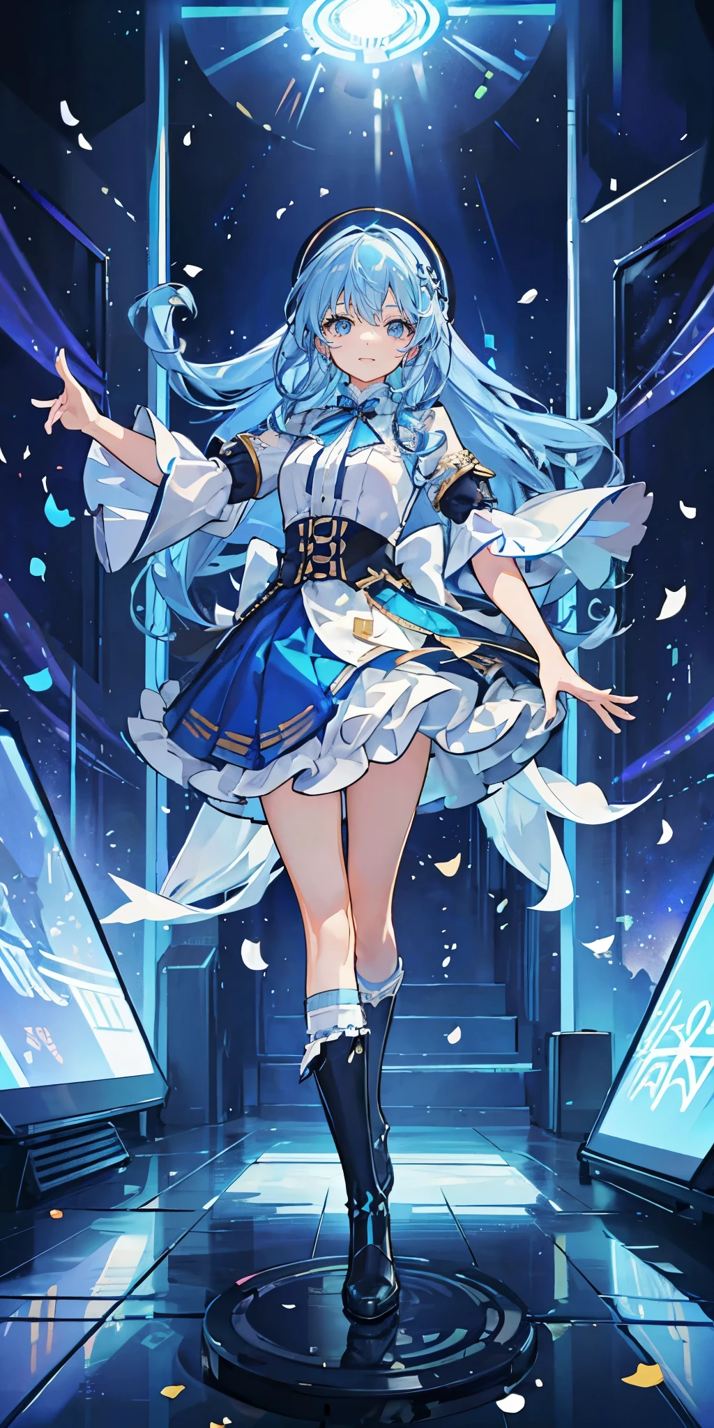 (muste piece), (best quality), very detailed, ((1 girl)), solo full body shot，Viewer's perspective，dancing，(smile)，wink，perfect face, beautiful face, very detailedな顔，((light blue hair_curly long hair_light blue eyes:1.3))，Gorgeous idol costumes，ruffle skirt，solo idol，ribbon hair ornament，ribbon boots，knee high socks，concert dome，live，have a microphone，singing，smiling with mouth wide open，Laser Light，Spotlight，Lots of confetti、A large amount of petals dance