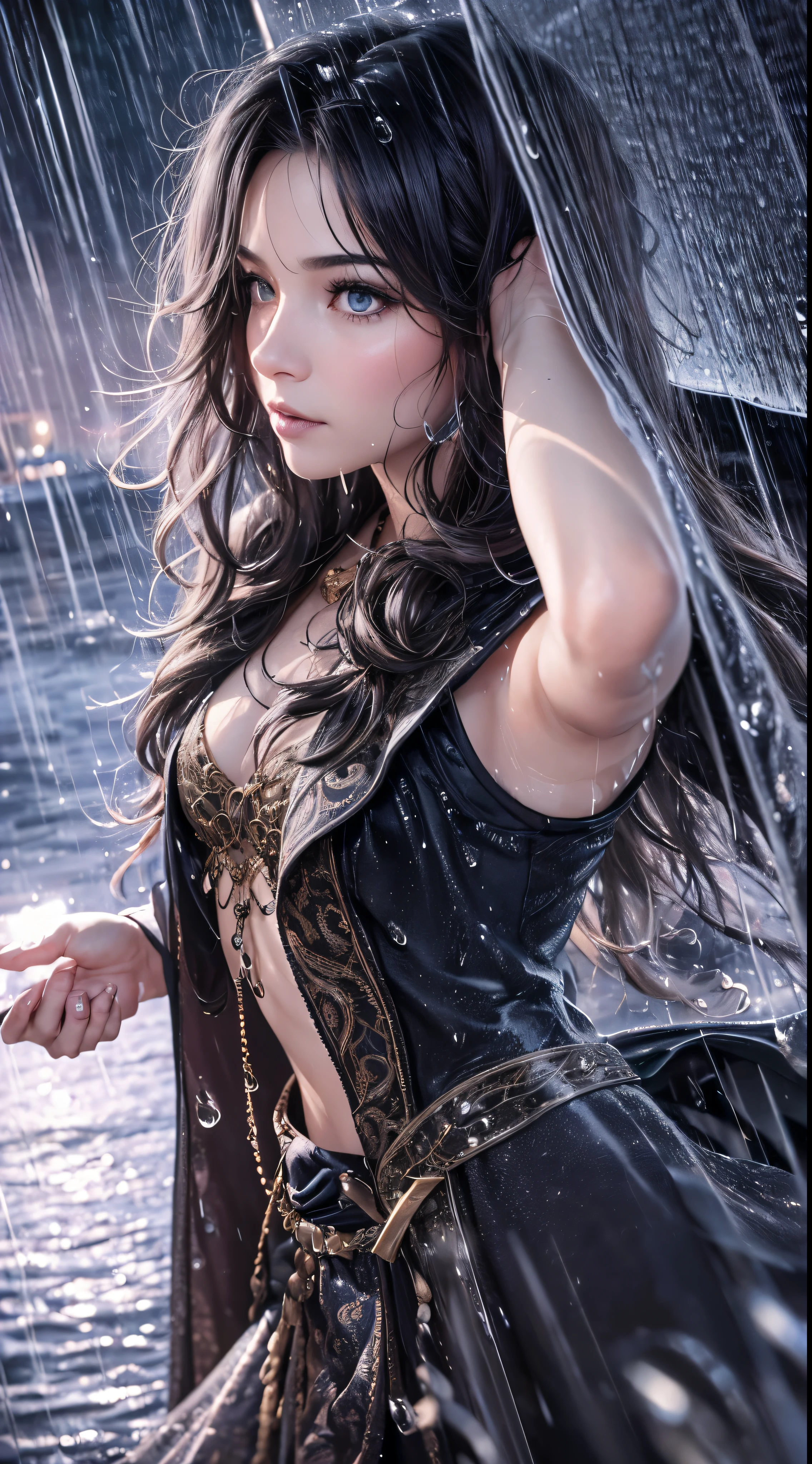 (skin dents:1.5), realistic, realistic, (table top:1.5), concept art, intricate details, very detailed, realistic, octane rendering, 8k, unreal engine, dynamic pose, highest quality, High resolution, (realistic face:1.1), (超realistic:1.1), ((full_body)), perfect eyes,(shiny skin:1.2), (((hairstyle))), (((完璧な手のvery detailed背景), haunted island, ((dynamic background)), ((lightning)), (light), (1 girl), wearing a cloak, (((flowing cloak))), ((fine eyes, high quality eyes, high quality face)), long hair, (((flowing hairstyle))), 1 girl ((controlling water)), (((whirlwind of water))), Ocean, tsunami, magic, (make a dramatic performance, written boundary depth, Bokeh, 4k, gothic, ((rain)), energy ball between hands