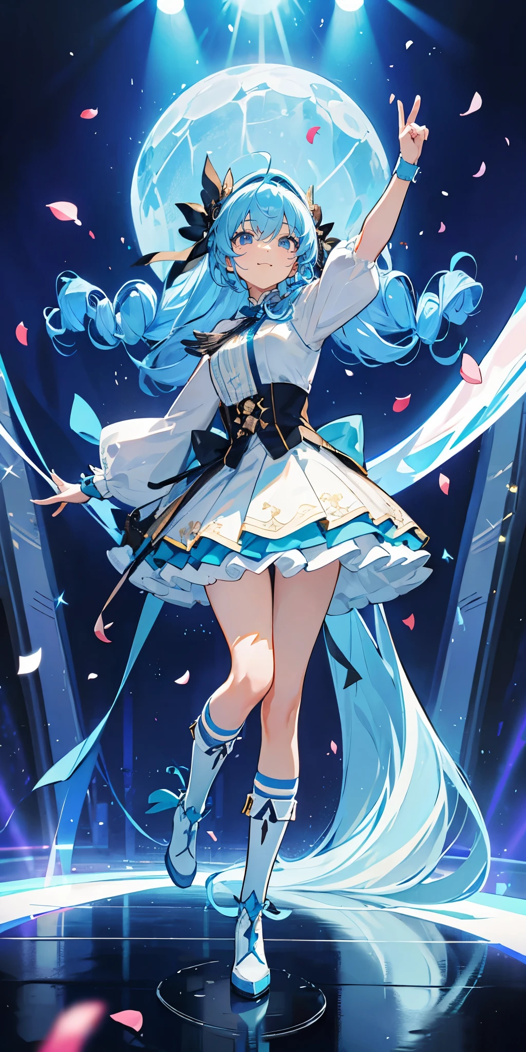 (muste piece), (best quality), very detailed, ((1 girl)), solo full body shot,Viewer's perspective,dancing,(smile),wink,perfect face, beautiful face, very detailedな顔,((light blue hair_curly long hair_light blue eyes:1.3)),Gorgeous idol costumes,ruffle skirt,solo idol,ribbon hair ornament,ribbon boots,knee high socks,concert dome,live,have a microphone,singing,smiling with mouth wide open,Laser Light,Spotlight,Lots of confetti、A large amount of petals dance
