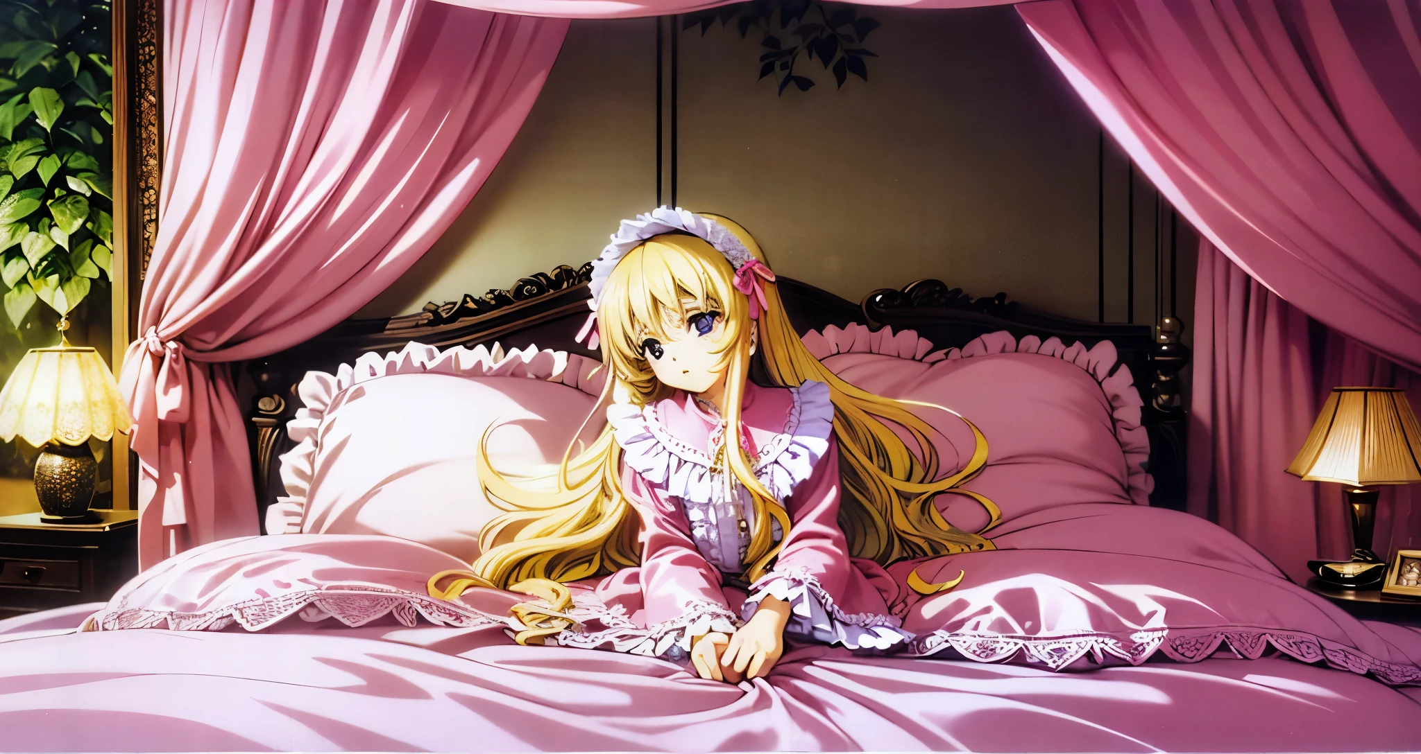 ,highest quality, masterpiece, highest resolution, artwork, super それにget used to it, many get used to it, get used to it, それにget used to it, 3K anime illustration,(( 10 year old girl)),Super detailed baby face,high quality small face,long blonde hair that grows to the waist,blue eyes,白い肌のeuropean,pajamas, european,(((super long blonde hair))),curly hair,blue eyes,((((ピンクのシルクサテンのロリータファッションのlong skirtのワンピースドレス)))),((Pink silk satin dress with plenty of ruffles and ribbons)),((Luxurious headdress with frills and ribbons)),detailed headdress,,(((big yoke collar))),Yoke collar with ruffles and ribbons,((((long sleeve)))),ruffle sleeves,((((long skirt)))),white ruffle and lace socks,large silk satin ruffle pillow,(((Nice pink outfit))),豪華なcanopy bedの上,canopy bed,The bed is surrounded by luxurious curtains,Many silk satin ruffle pillows on the bed,Behind the girl are many pink frilly pillows,super detailed background,detailed bed,soft pink silk satin comforter,Highly detailed soft ruffle pillow,Beautiful girl illustration,detailed beautiful face,fine hair,detailed eye ,detailed eyes,detailed mouth, arm details,fine hands,Detailed pillow,wide bed,Illustration on the bed, ,((((round futon)))),((((Large silk satin ruffle duvet that covers the entire bed)))),detailed comforter,detailed silk satin bed sheets,Soft bed,Before bedtime,romantic atmosphere,palace bedroom,((((The lower half of the body is hidden under the puffy futon....)))) The girl is leaning on a pile of pillows, ,((((round futon)))),((((A large ruffled futon that covers the entire bed)))),soft shiny silk satin fabric,