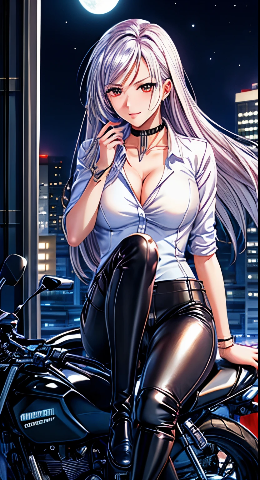 red eyes, (highest quality, masterpiece絵画:1.3), mature woman, 26 years old, (half body shot), masterpiece, ultra high resolution, (Photoreal:1.0), bright silver hair、straight hair, beautiful shining hair, white and shining skin, ((Ultra realistic details)), octane rendering, highly detailed face, (big breasts:1.0),(red street style wear:1.2), ((red tight fit pants)), ((Knee High Leather Boots)), Riding on motorcycle, Driving a motorcycle, ride a bike, open neckline, cleavage, perfect body, soft skin, anime face, perfect face, perfect eyes, looking at the viewer, smart, deep at night, moon night, Rooftop of a building with a panoramic view of the city, night sky with shining moon, photon mapping, radio city, outdoors,sharp focus, intricate details, professional artwork, (bright colors:1.1), bright colors, diffused lighting, digital blending, ultra-definition body, ultra detail hair, super detailed face, It's trending on pixiv, top button open, Cute gaze, compensate, perfect lips, perfect compensate, Ultra-precision coating, (light_smile:0.8), (Very embarrassed:1.2), blush your nose,