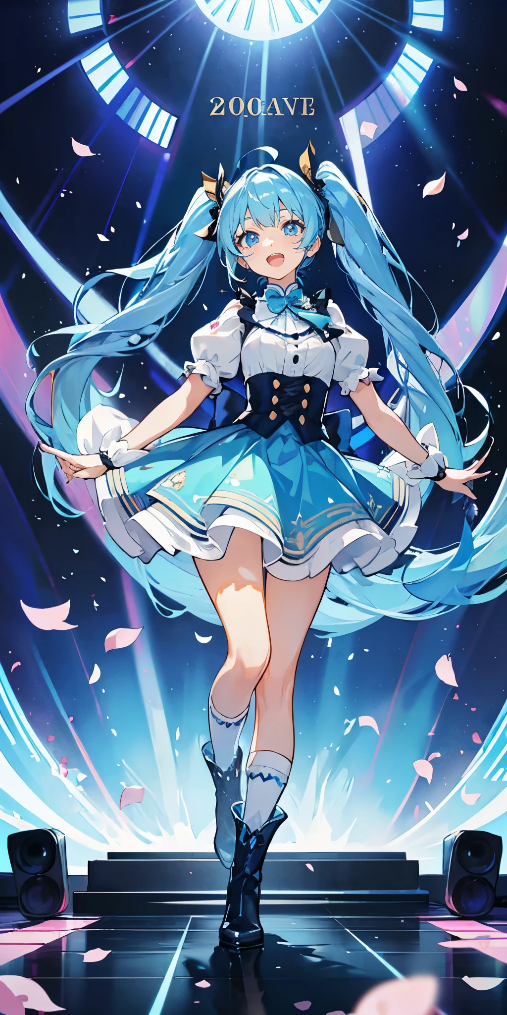 (muste piece), (best quality), very detailed, ((1 girl)), solo full body shot,Viewer's perspective,dancing,(smile),wink,perfect face, beautiful face, very detailedな顔,((light blue hair_Twin tail long hair_light blue eyes:1.3)),Gorgeous idol costumes,ruffle skirt,solo idol,ribbon hair ornament,ribbon boots,knee high socks,concert dome,live,have a microphone,singing,smiling with mouth wide open,Laser Light,Spotlight,Lots of confetti、A large amount of petals dance