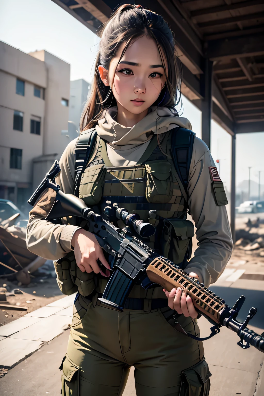 (8k, realistic, RAW photo, highest quality,written boundary depth: 1.4),realistic,Photoreal,very delicate and beautiful,very detailed,finely,Super detailed,High resolution:1.3,(1 girl),hyperrealistic,((Accurate and detailed human body:1.3)),Girl Holding a Gun,model body shape,Wearing camouflage clothing,I also wear a tactical vest..,Wearing camouflage cargo pants,In the background is a destroyed concrete building、Holding the assault rifle M4 carbine with both hands.、