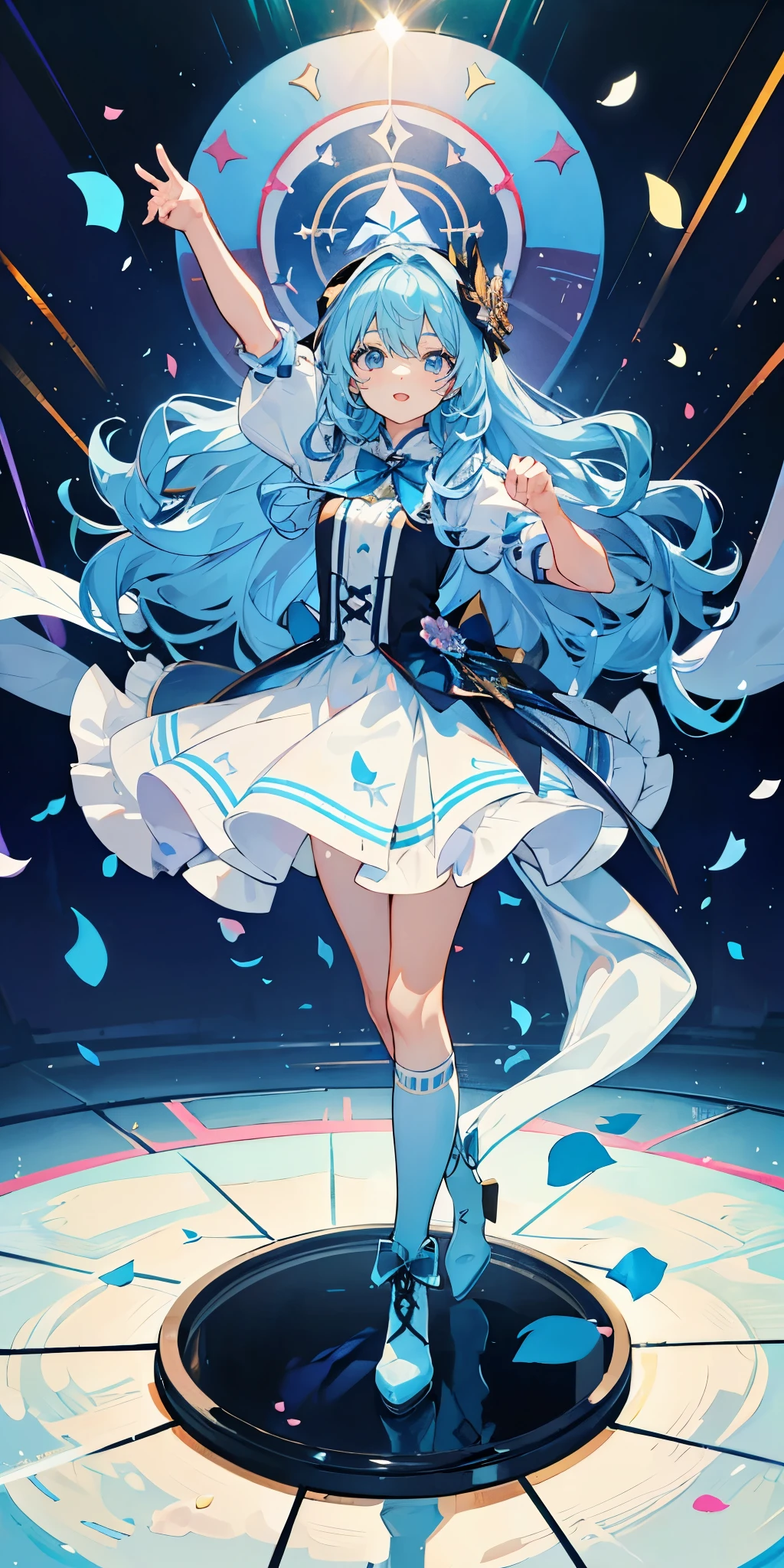 (muste piece), (best quality), very detailed, ((1 girl)), solo full body shot,Viewer's perspective,dancing,(smile),wink,perfect face, beautiful face, very detailedな顔,((light blue hair_wavy long hair_light blue eyes:1.3)),Gorgeous idol costumes,ruffle skirt,solo idol,ribbon hair ornament,ribbon boots,knee high socks,concert dome,live,have a microphone,singing,smiling with mouth wide open,Laser Light,Spotlight,Lots of confetti、A large amount of petals dance