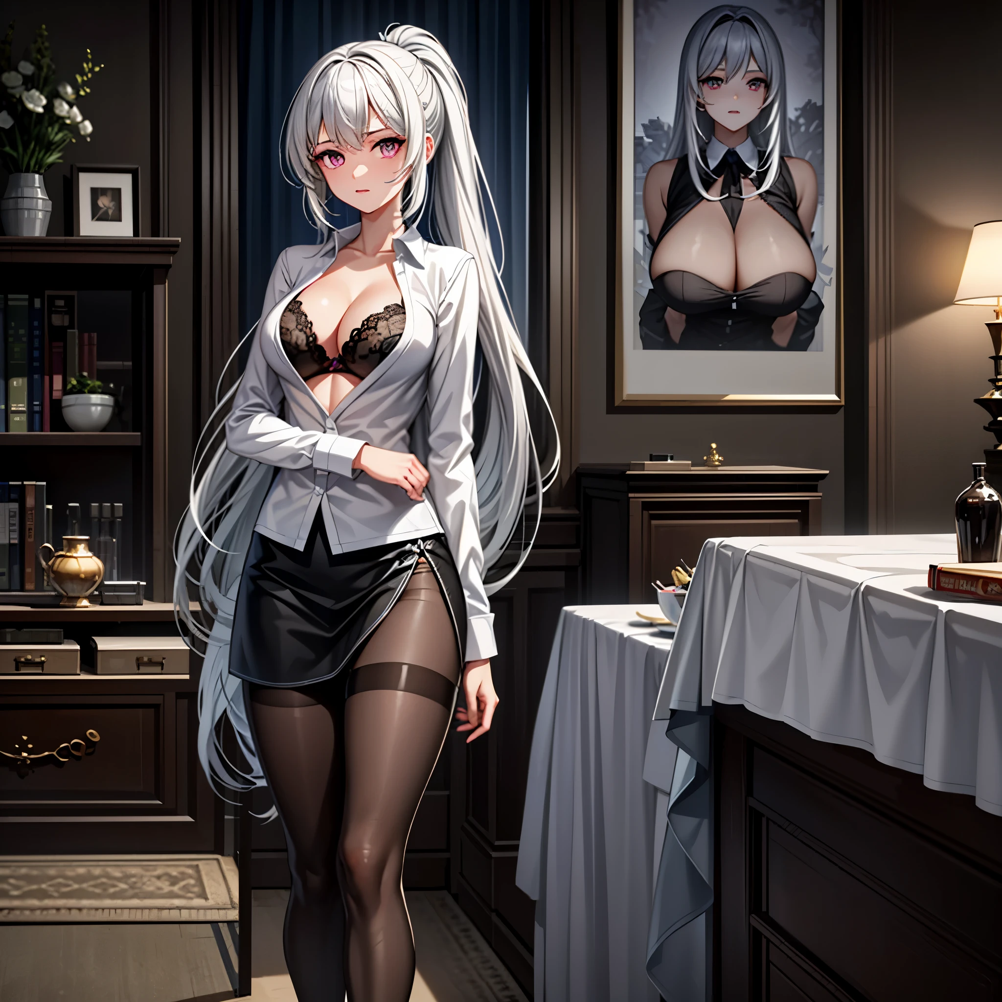 ((1 girl)), solo, ray tracing,(dim lighting),(detailed background (living room)),((silver hair)),((silver hair)),(Fluffy silver hair, plump and slender girl))) with high ponytail))) Avoid golden eyes in the ominous living room ((Girl wears white opaque shirt, black wrinkled skirt, with black transparent pantyhose)), showing a delicate and slender figure and graceful curves, correct limbs, hands behind the head, hands behind the head, Eye details, beautiful eyes, pink eyes, delicate eyes, protruding huge breasts, transparent shirt, see-through shirt, bra peek, V-neck