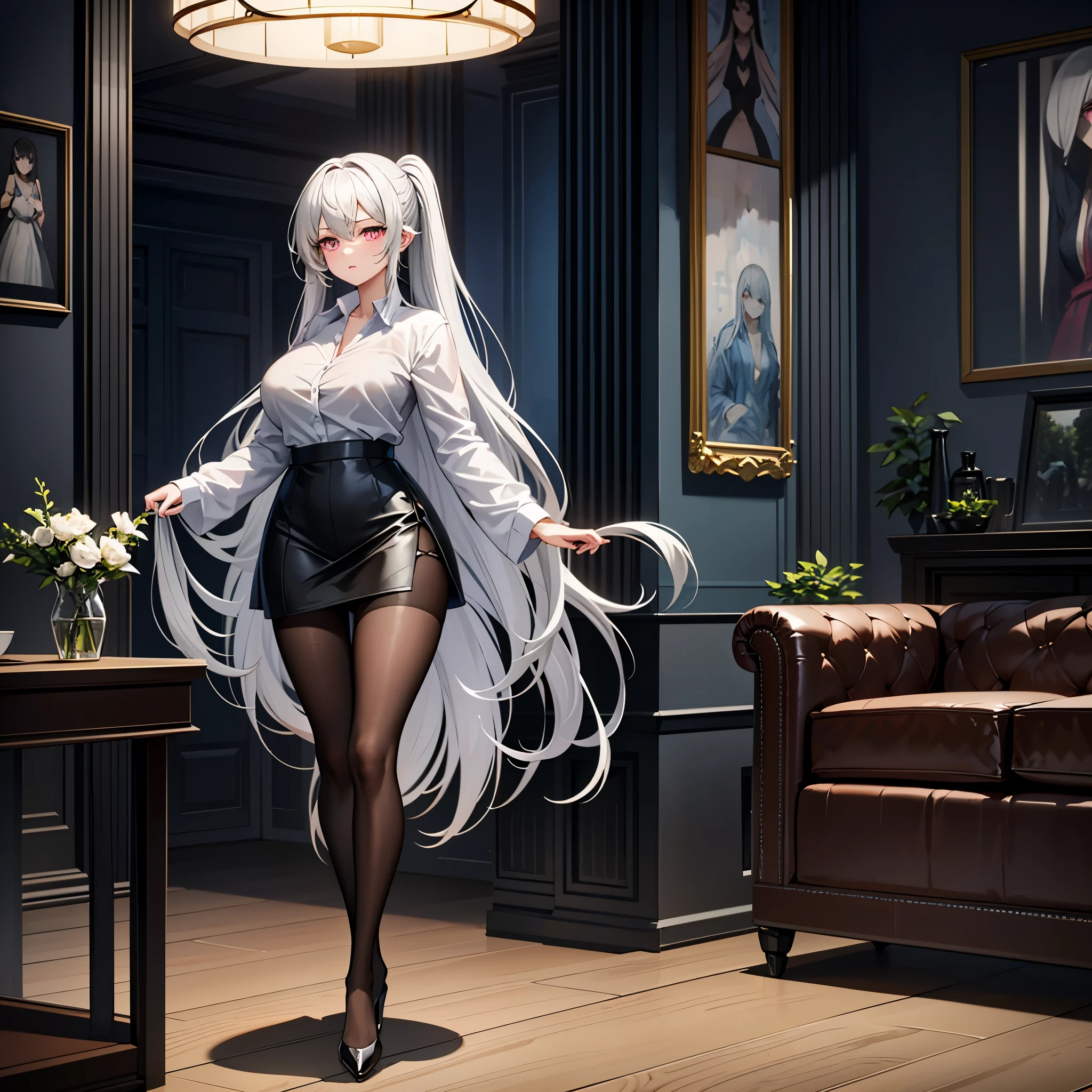 ((1 girl)), solo, ray tracing,(dim lighting),(detailed background (living room)),((silver hair)),((silver hair)),(Fluffy silver hair, plump and slender girl))) with high ponytail))) Avoid golden eyes in the ominous living room ((Girl wears white opaque shirt, black wrinkled skirt, with black transparent pantyhose)), showing a delicate and slender figure and graceful curves, correct limbs, hands behind the head, hands behind the head, Eye details, beautiful eyes, pink eyes, delicate eyes, protruding huge breasts, transparent shirt, see-through shirt, bra peek, V-neck