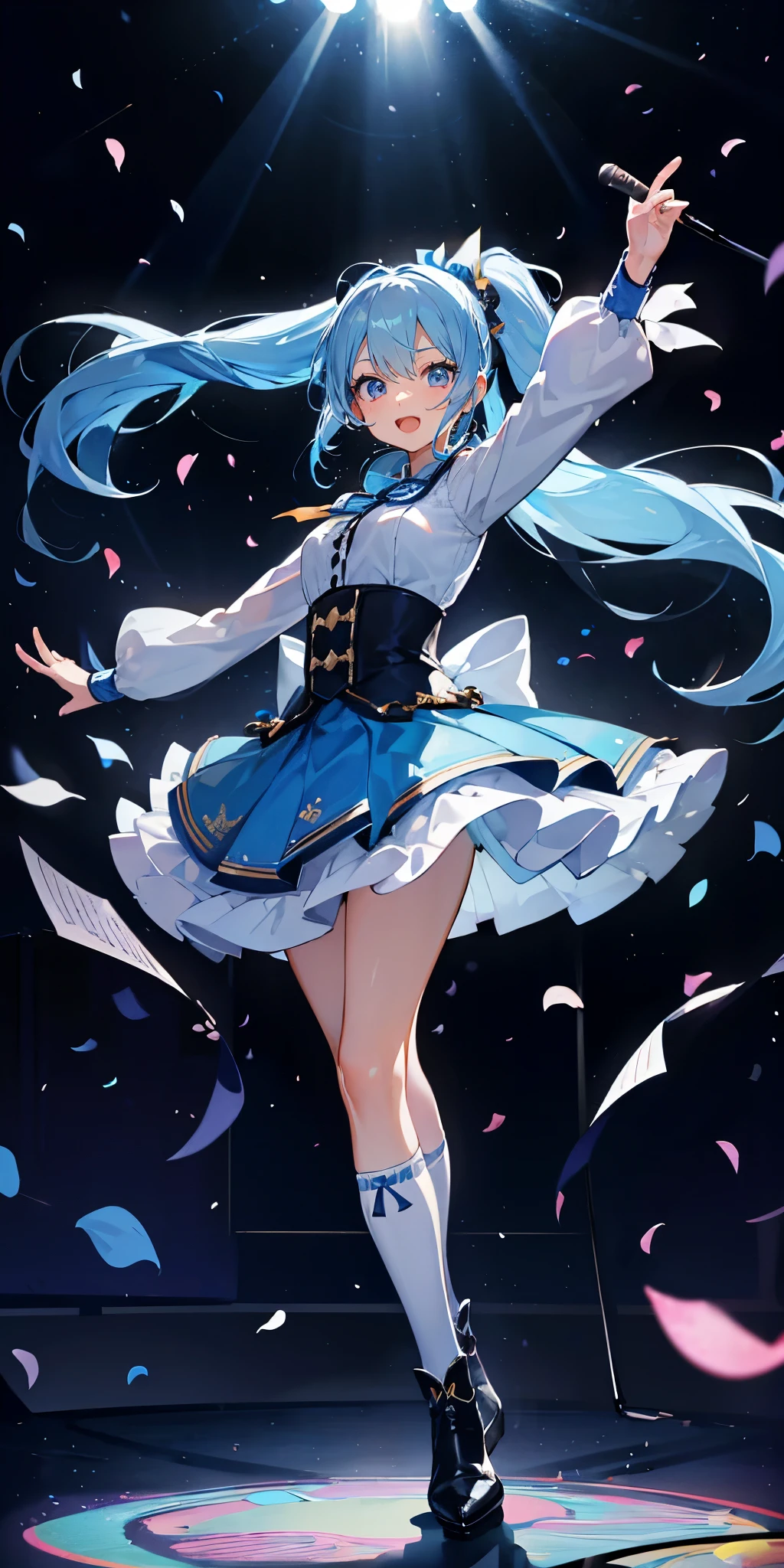 (muste piece), (best quality), very detailed, ((1 girl)), solo full body shot,Viewer's perspective,dancing,(smile),wink,perfect face, beautiful face, very detailedな顔,((light blue hair_long ponytail hair_light blue eyes:1.3)),Gorgeous idol costumes,ruffle skirt,solo idol,ribbon hair ornament,ribbon boots,knee high socks,concert dome,live,have a microphone,singing,smiling with mouth wide open,Laser Light,Spotlight,Lots of confetti、A large amount of petals dance