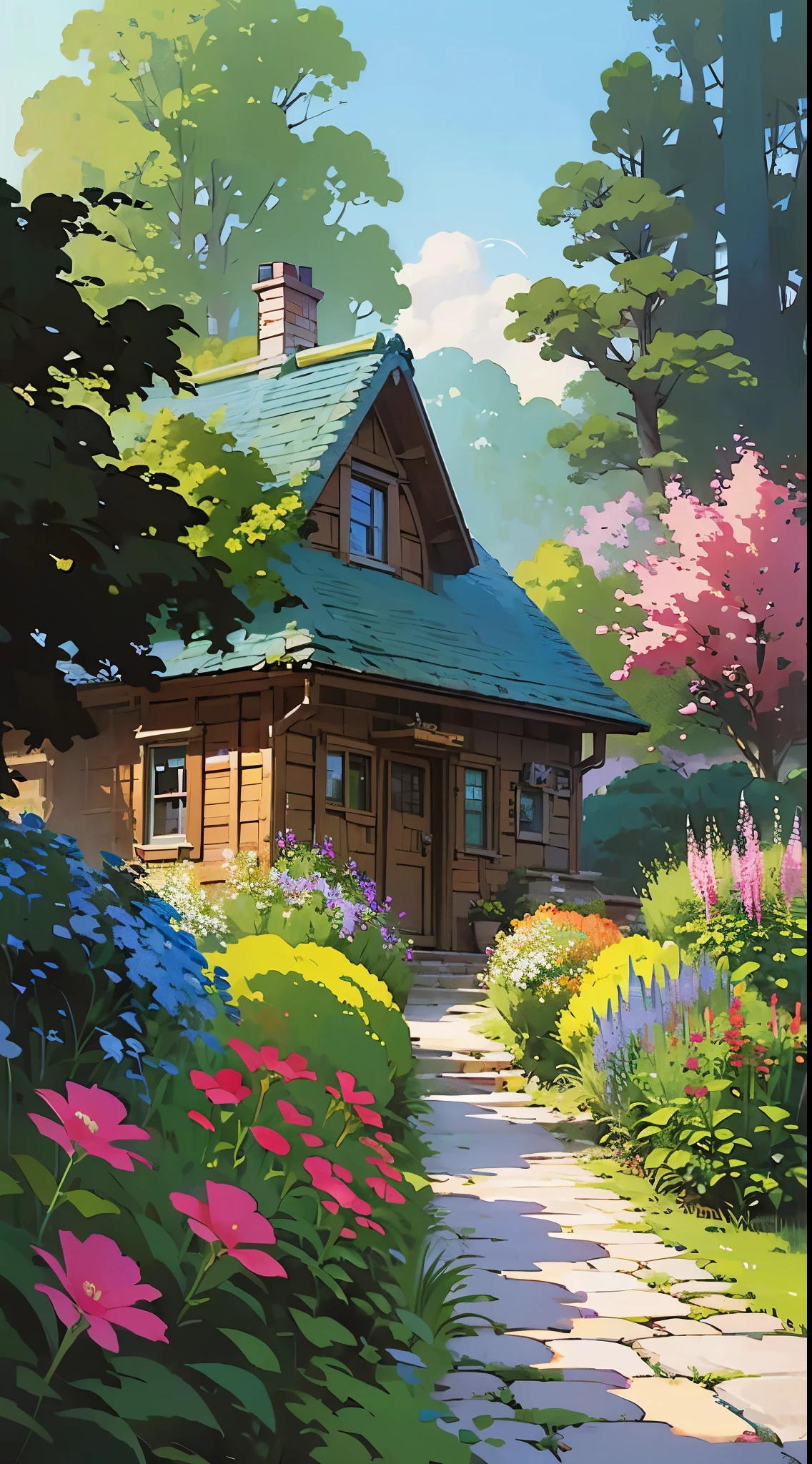 ((masterpiece)),((best quality)),((high detial)) painting of a house in a garden with flowers and trees, flowery cottage, cottagecore, in a cottagecore flower garden, cottagecore flower garden, tomas kinkade, cottagecore!!, idyllic cottage, by Igor Grabar, cottage in the forest, darrell k sweet, thomas kinkade and paul lehr