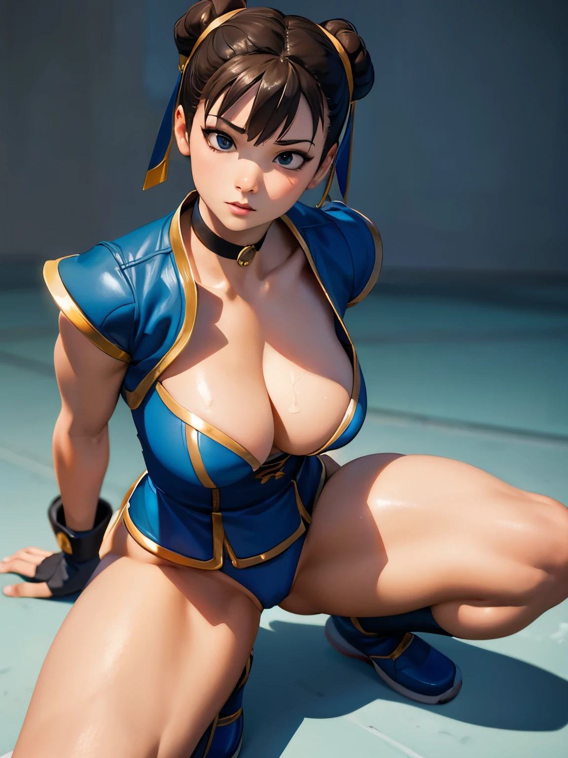 Chun li, delicate skin, best quality, Best Desinger, Best illustration, (photorealistic photo: 1.3), (high detail skin: 1.2), 8k UHD, dslr, high quality, high resolution, 1girl, choker, collar, crouching, crouching, female , gloves, chubby, female only, partially clothed, short hair, thighs, thick thighs