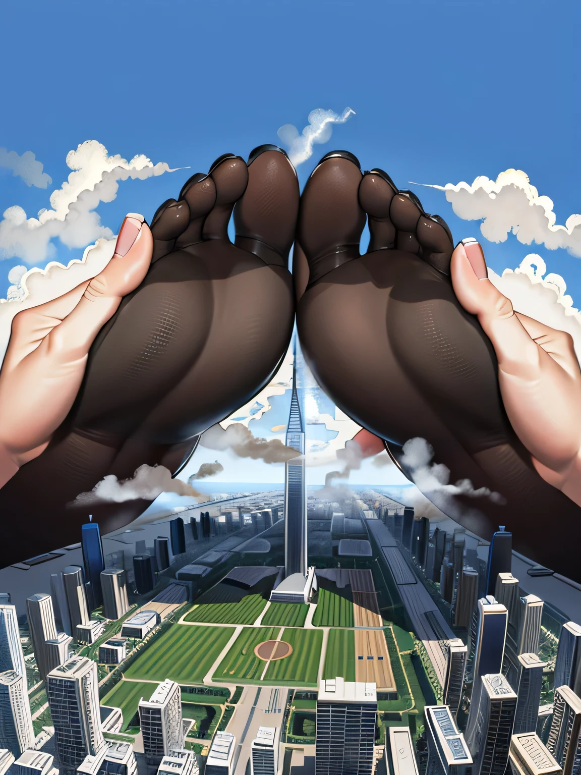 Giantの芸術, 非常に詳細なGiantショット, Giant, short hair, Two huge beautiful girls that are bigger than a skyscraper, look face to face, wearing rimless glasses, big breasts, big ass, In underwear, black pantyhose, pantyhose barefoot, Steam comes out from the soles of the feet, very small metropolis, miniature metropolis, crush the big city, full body description, ＧＴＳ, ギガGiant, stomping city, crash city, small town, micro city, High resolution, highest quality, masterpiece, Transparent Body Stockings, 