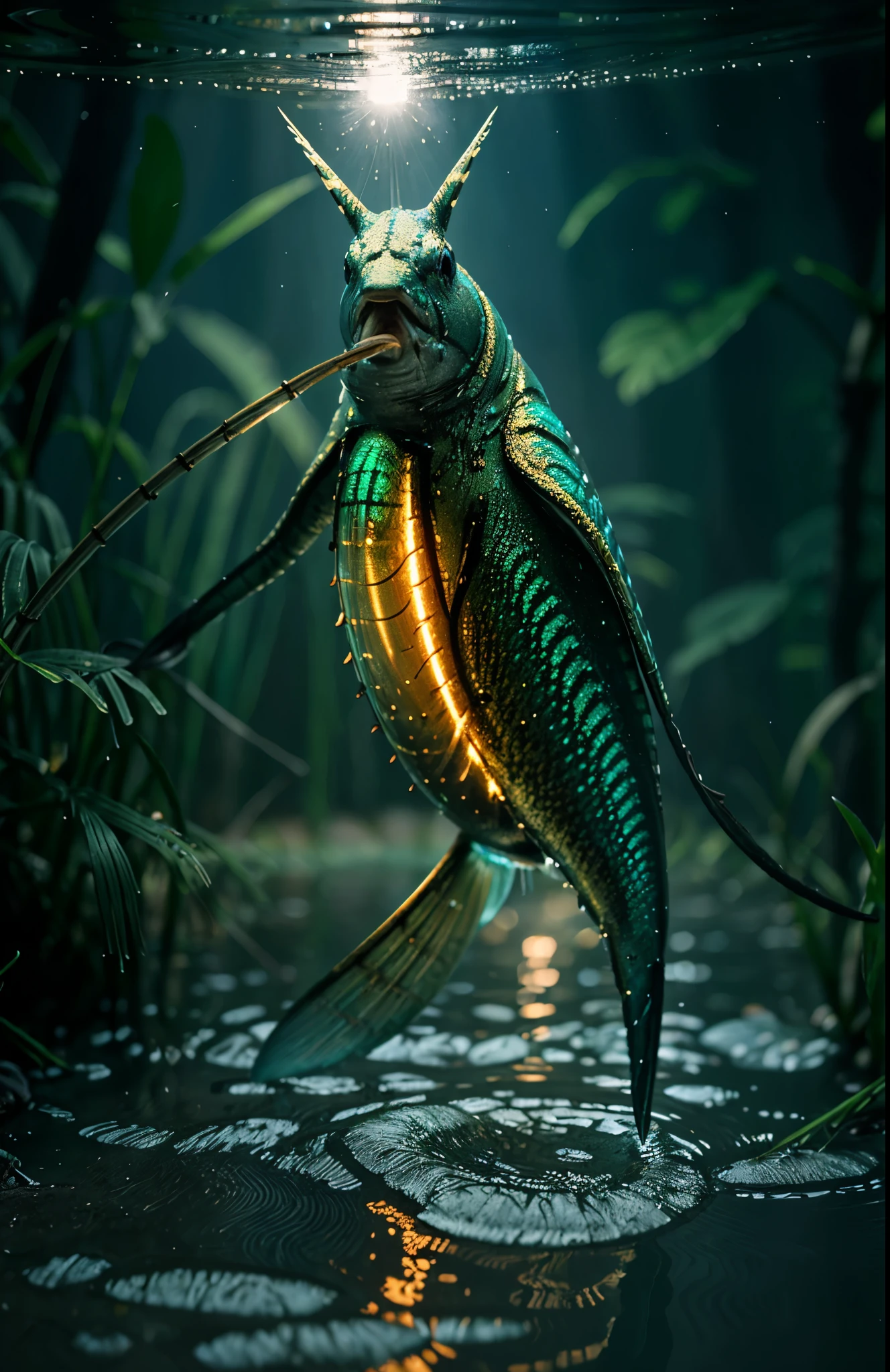 a fish with a light on its head is in the water, 3 d render beeple, realistic creature concept, detailed creature, aquatic creature, beautiful digital artwork, deep jungle creatures, beeple!!, fantasy art behance, concept art | feng zhu, artem demura beeple, creature design, great digital art with details