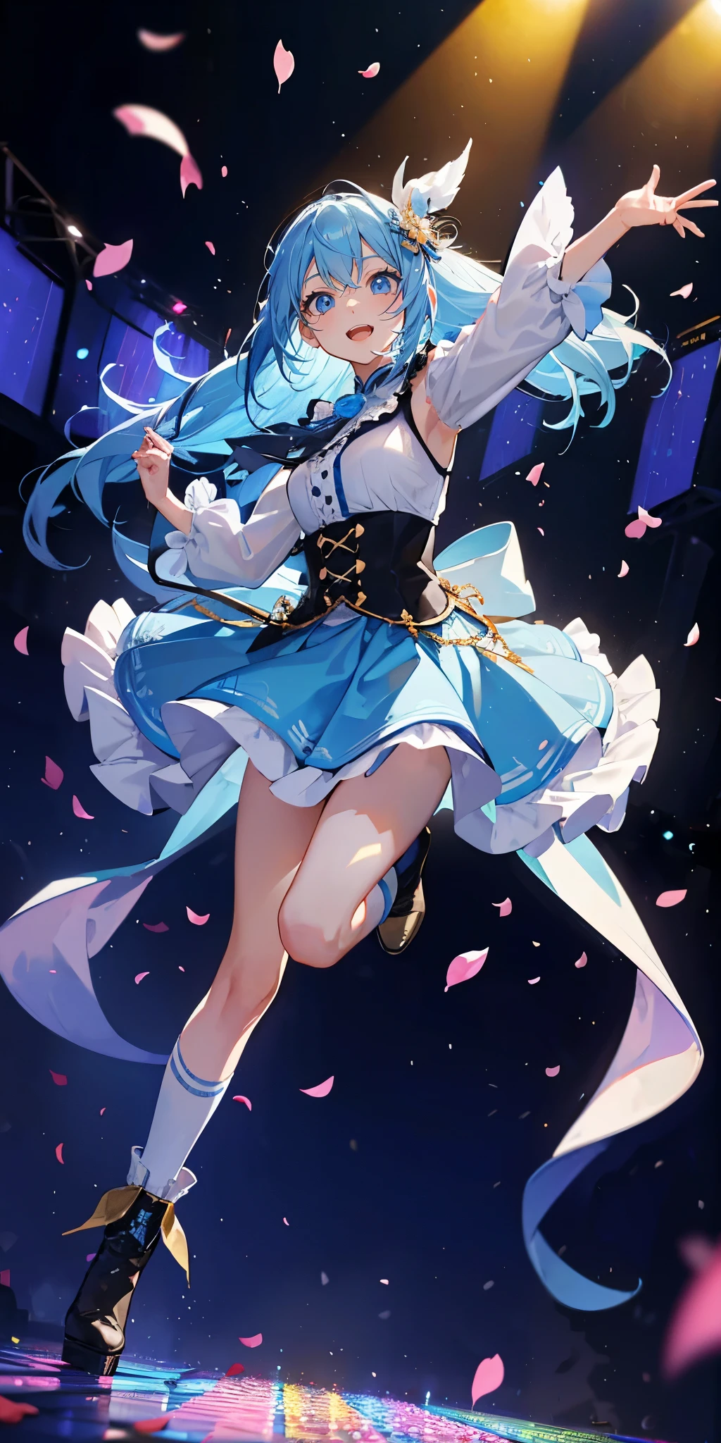 (muste piece), (best quality), very detailed, ((1 girl)), solo full body shot,Viewer's perspective,dancing,(smile),wink,perfect face, beautiful face, very detailedな顔,((light blue hair_long hair_light blue eyes:1.3)),Gorgeous idol costumes,ruffle skirt,solo idol,ribbon hair ornament,ribbon boots,knee high socks,concert dome,live,have a microphone,singing,smiling with mouth wide open,Laser Light,Spotlight,Lots of confetti、A large amount of petals dance