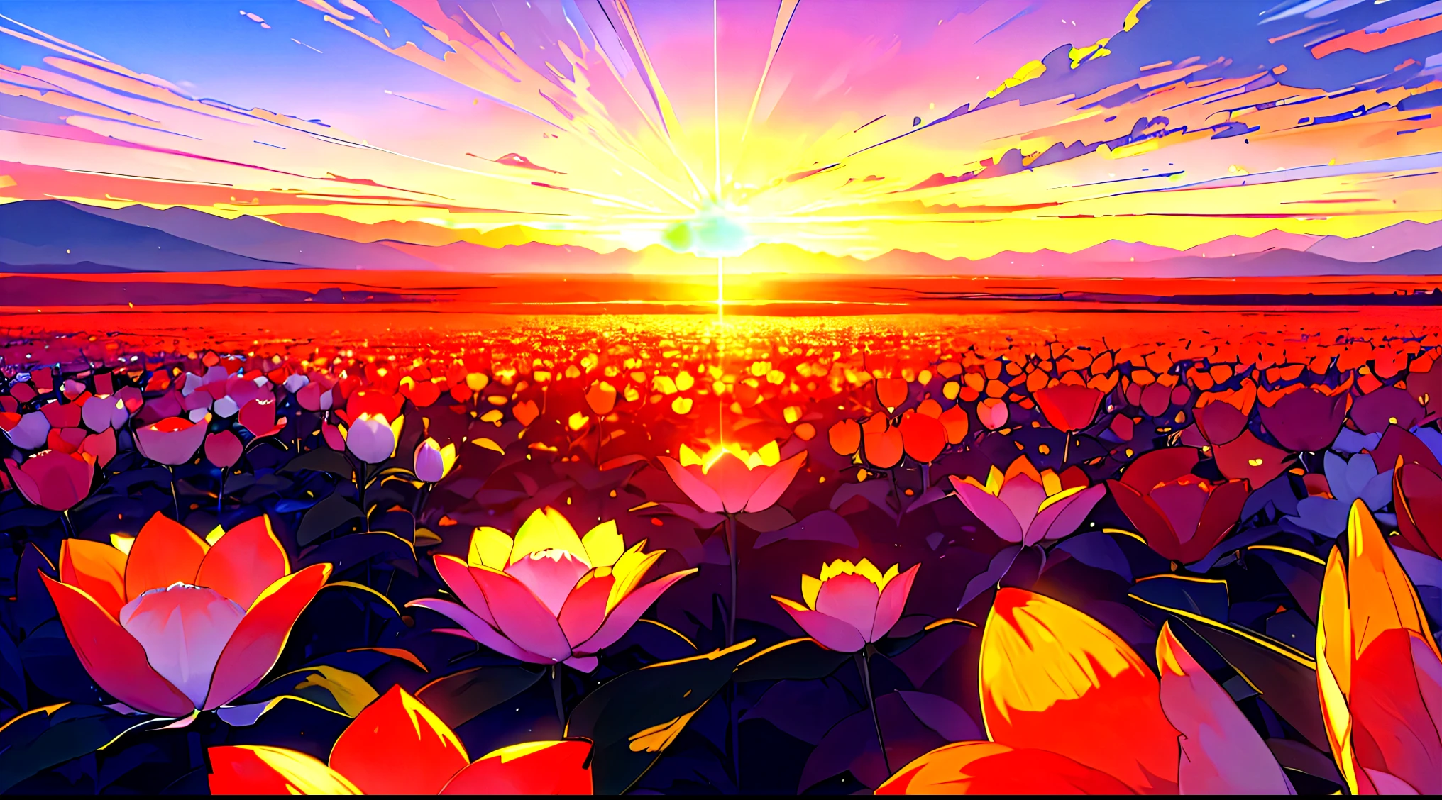 In the style of double exposure, a striking sunset would be captured inside a blooming flower. The image would be in a 16:9 aspect ratio, with a horizontal orientation that emphasizes the panoramic beauty of the natural world.