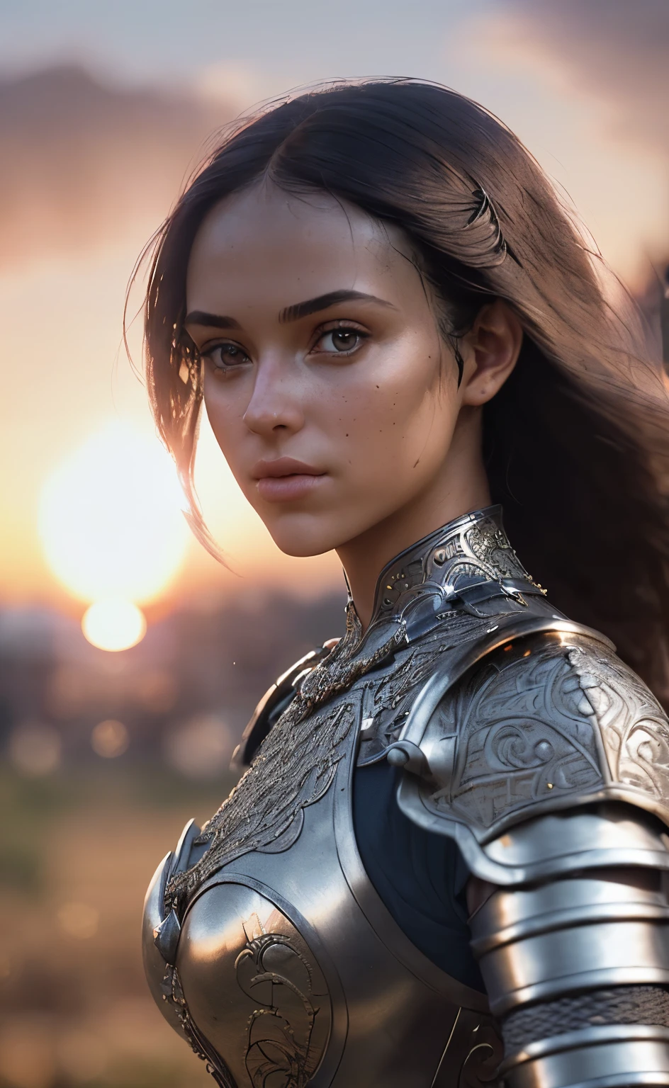 (masterpiece), (extremely intricate:1.3), (realistic), portrait of a girl, the most beautiful in the world, (medieval armor), metal reflections, upper body, outdoors, intense sunlight, far away castle, professional photograph of a stunning woman detailed, sharp focus, dramatic, award winning, cinematic lighting, octane render unreal engine, volumetrics dtx, (film grain, blurry background, blurry foreground, bokeh, depth of field, sunset, motion blur:1.3), chainmail