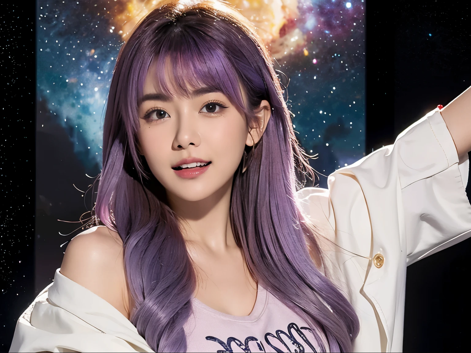 watercolor painting ultra high detail highest resolution colorful cute beautiful girl with light purple hair laughing thin eyebrows bob hair screaming close range neat drawing galaxy stars prism