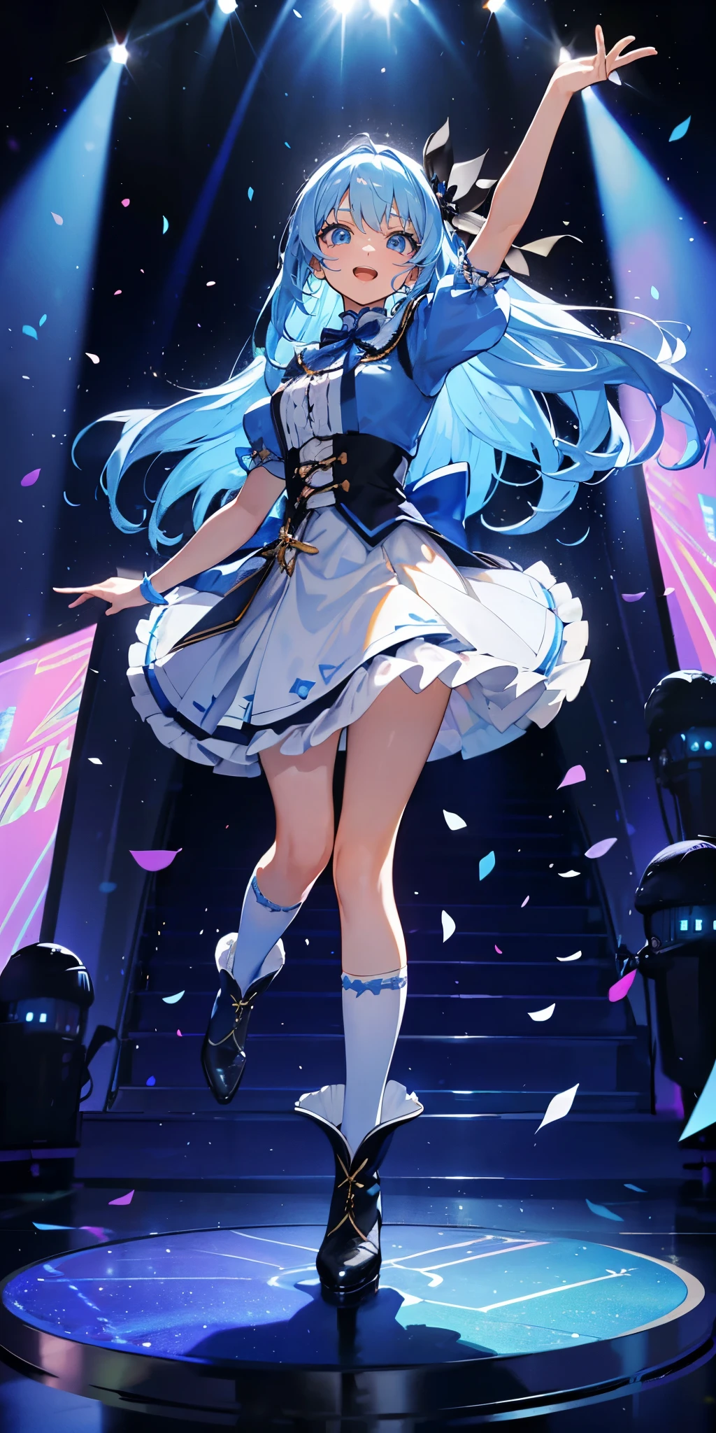 (muste piece), (best quality), very detailed, ((1 girl)), solo full body shot,Viewer's perspective,dancing,(smile),wink,perfect face, beautiful face, very detailedな顔,((light blue hair_straight long hair_light blue eyes:1.3)),Gorgeous idol costumes,ruffle skirt,solo idol,ribbon hair ornament,ribbon boots,knee high socks,concert dome,live,have a microphone,singing,smiling with mouth wide open,Laser Light,Spotlight,Lots of confetti、A large amount of petals dance
