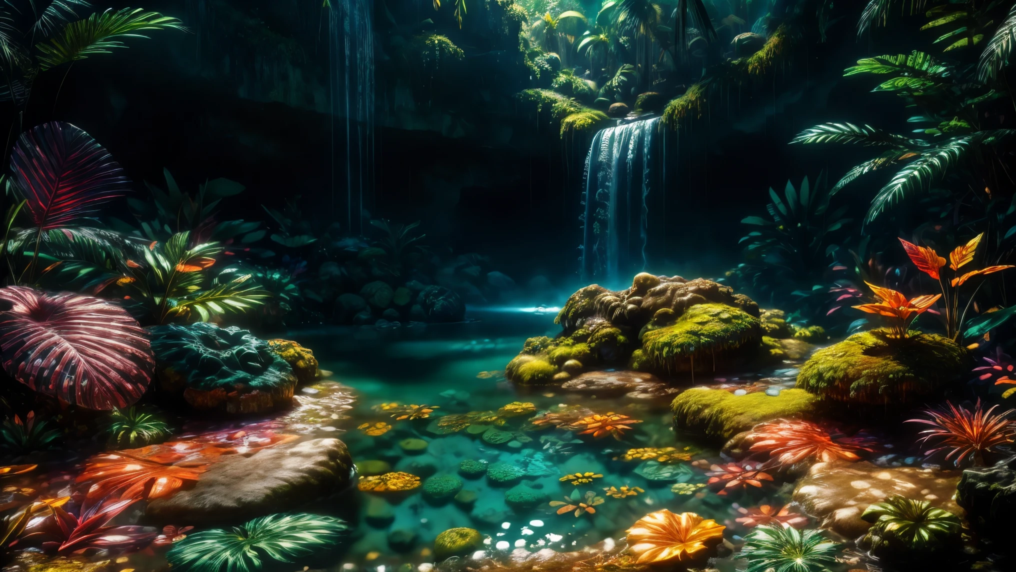 sunny tropical jungle vivid colors asymmetrical waterfall into shallow pool rough chiseled large moss covered boulders (colorful plants:1.2) volumetric fog high contrast
(masterpiece:1.2) (flat vector illustration:1.1) (best quality:1.2) (detailed) (intricate) (8k) (HDR) (wallpaper) (cinematic lighting) (sharp focus)