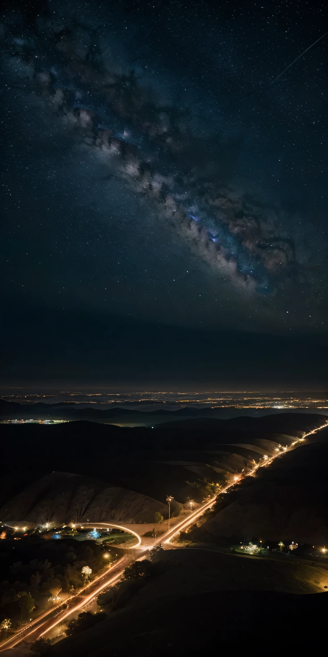 ambiente estrelado em outro planeta, muitas estrelas a noite, the sky has space birds, montanhas grandes, a lua muito grande, vagalumes no ar, estilo realista