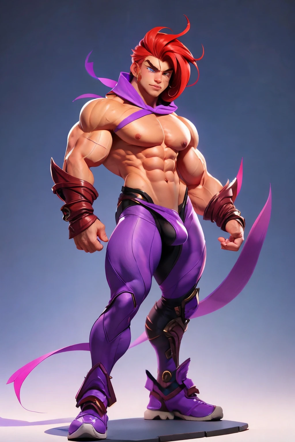 3d character, 1 boy, redhead muscular male:1.2, eye color purple lilac eyes, hair male, full body: 1.2, simple background, masterpiece, best quality, light gradient background: 1.1, muscle flexing tight biceps, erect cock