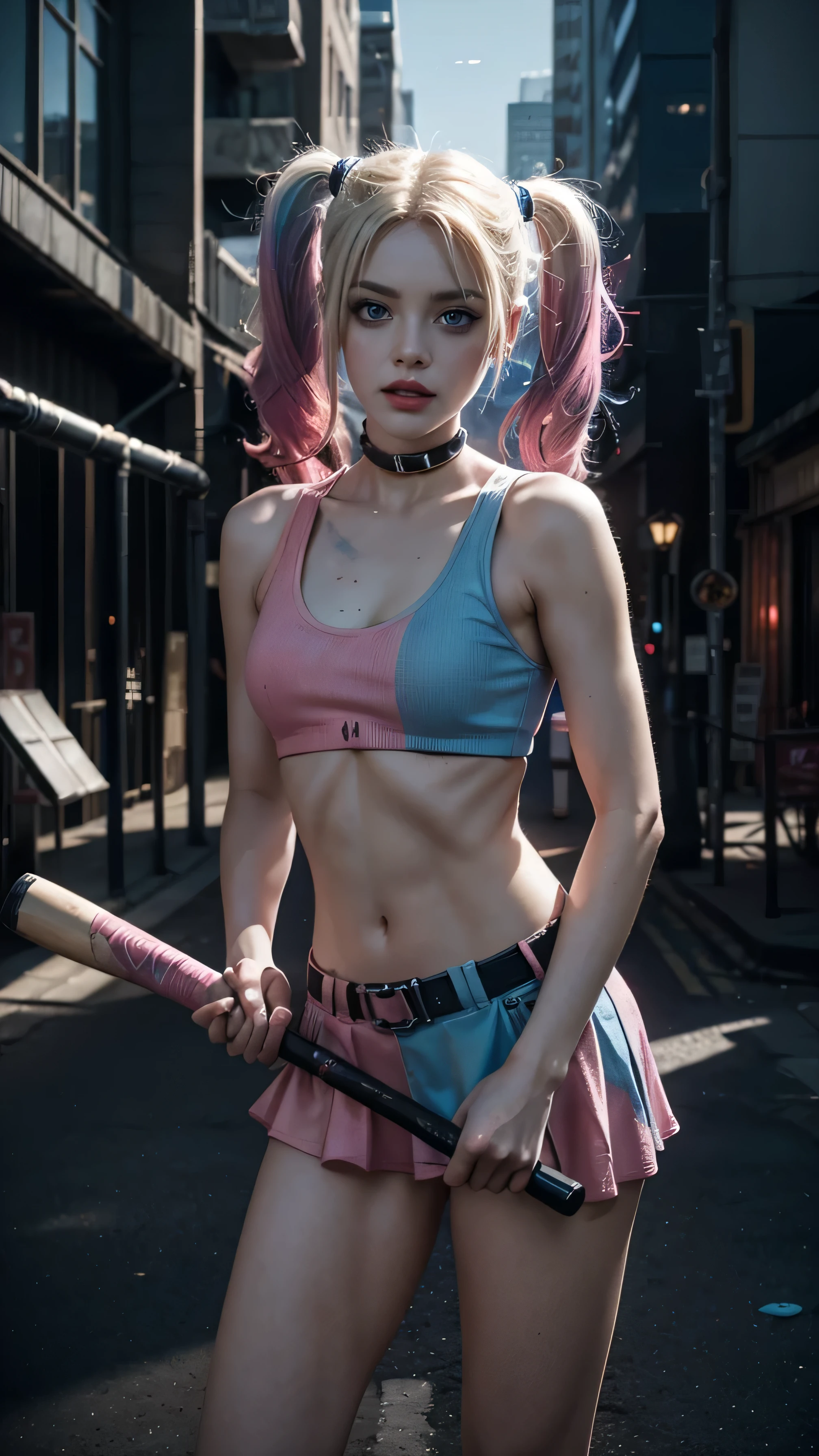 illustration, dramatic lighting, Harley Quinn with blonde braids with pink and blue tips, Segurando um taco de beisebol, olhos azuis, rosto delicado, in a chaotic urban landscape, 8K, hdr, obra de arte, mais alta qualidade --ar 16:9